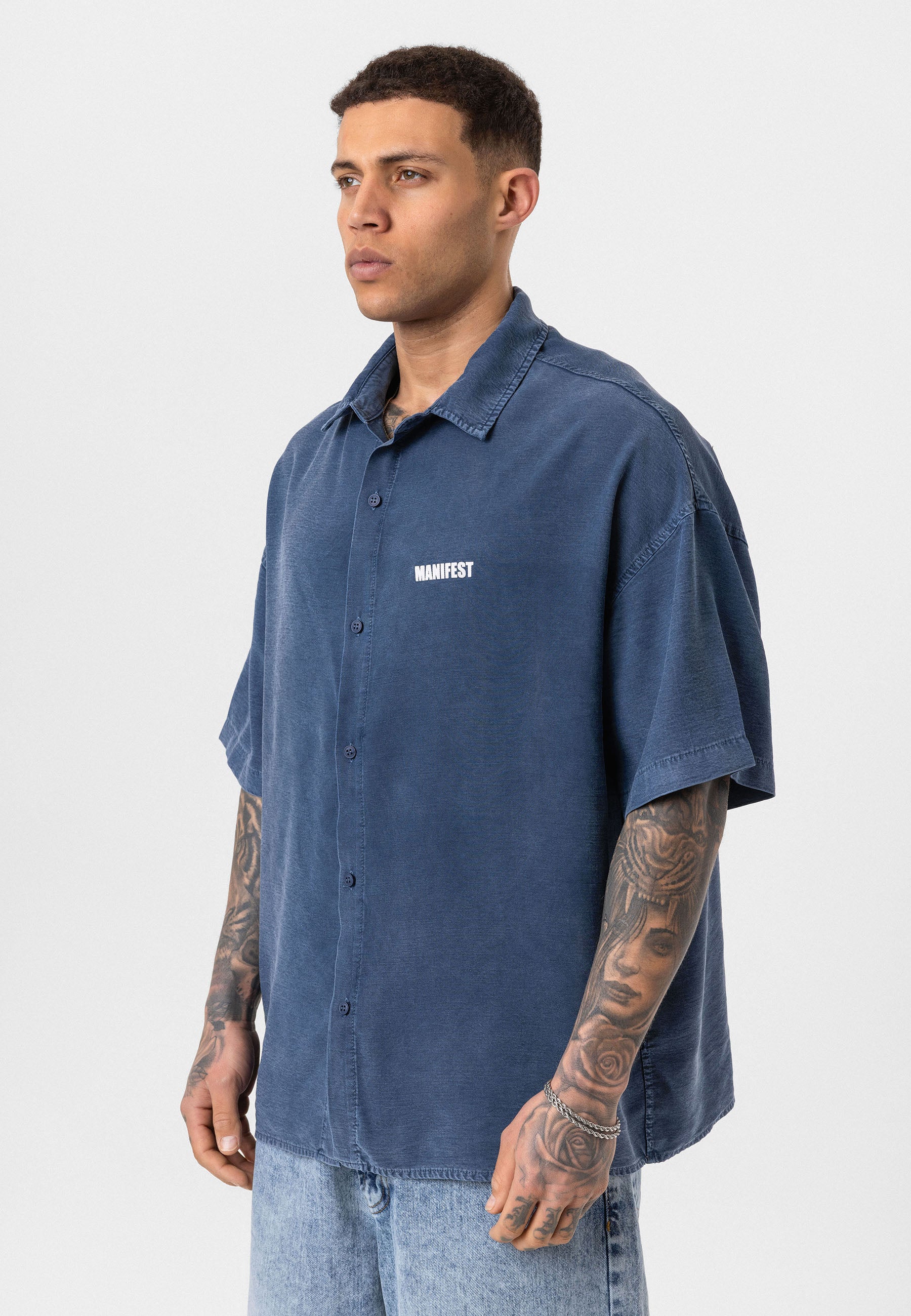 Washed Indigo Oversize Printed Short Sleeve Shirt – Casual Relaxed Fit