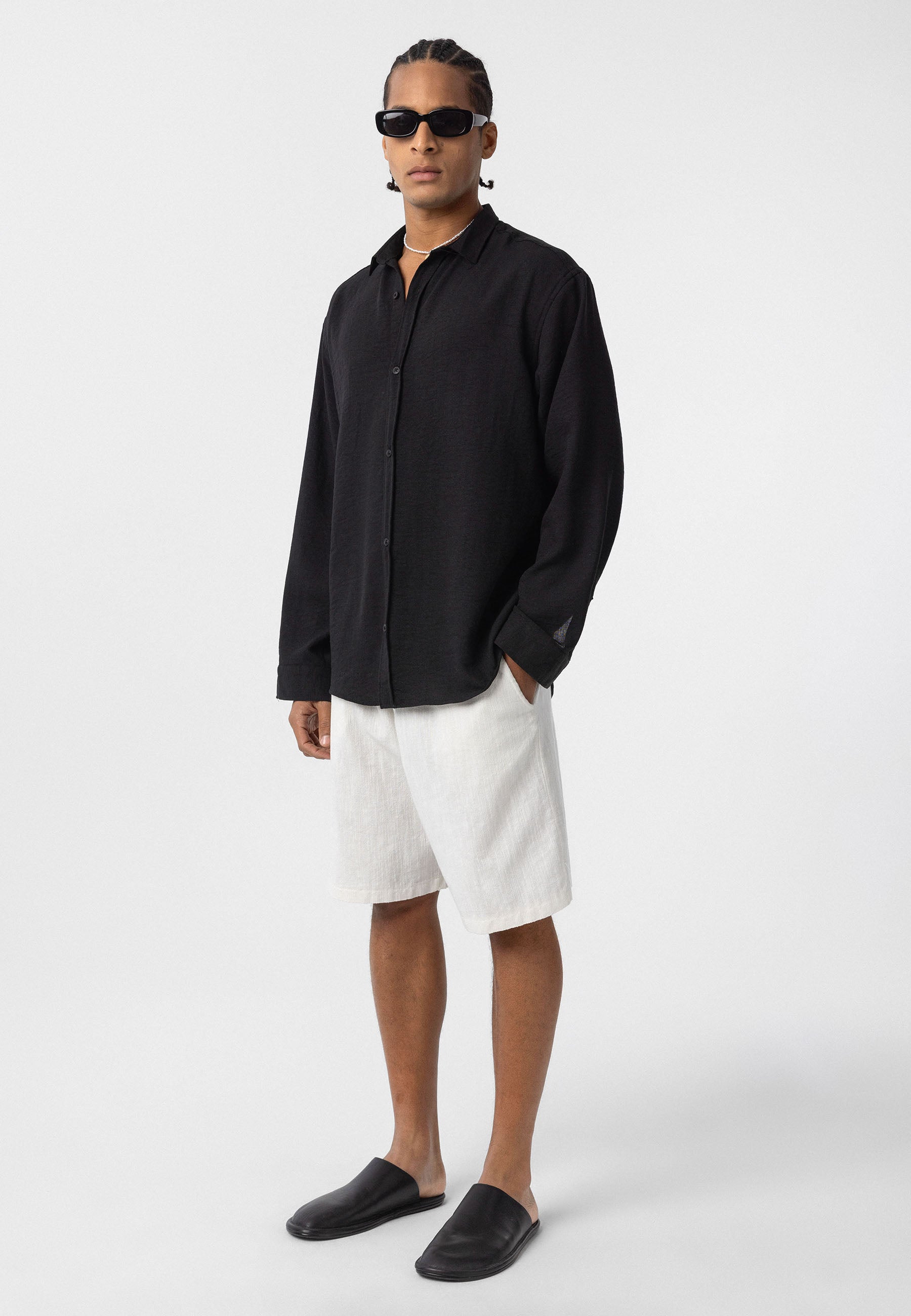 Pure Black Comfort Fit Button‑Up Shirt – Relaxed Everyday Essential