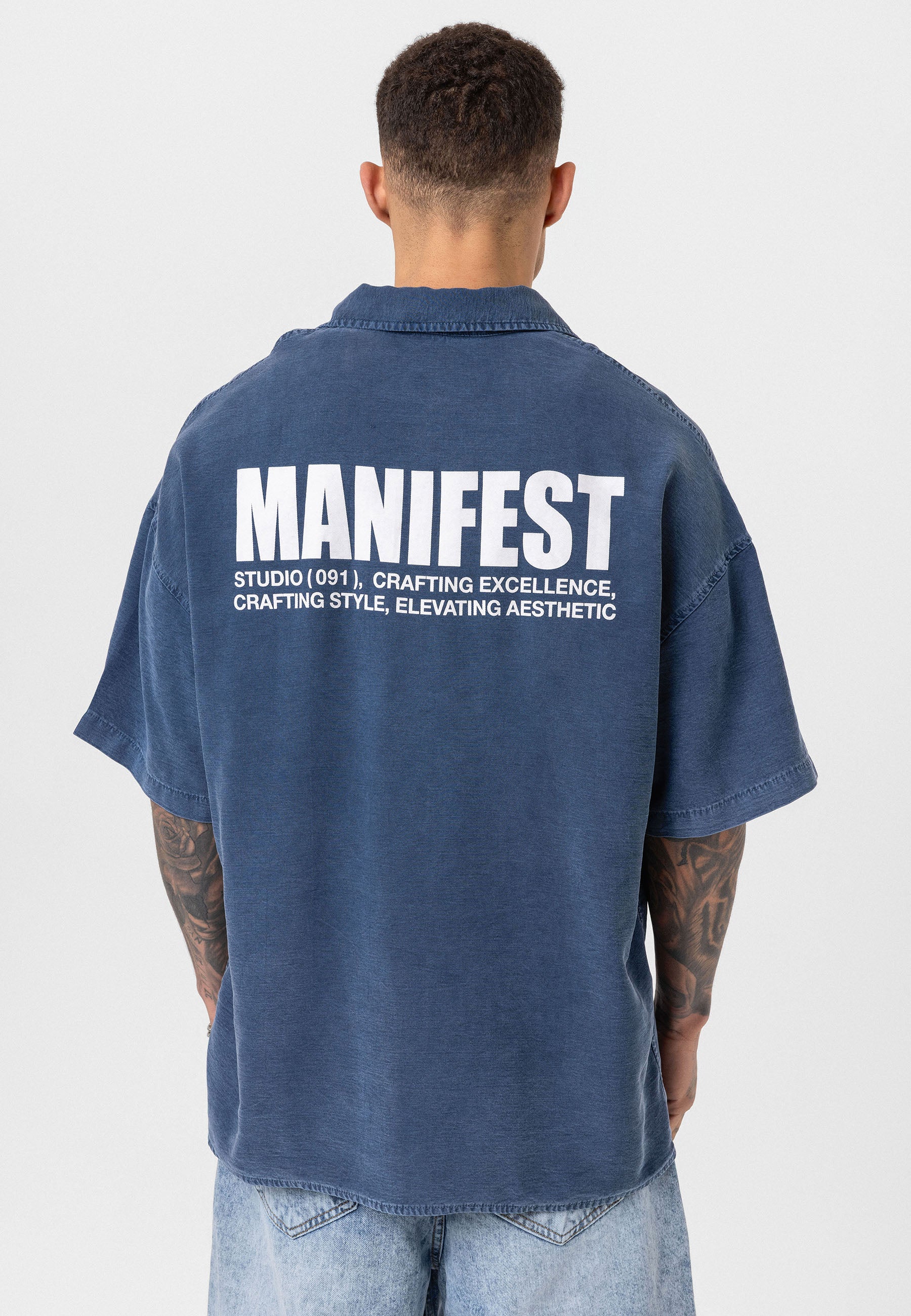 Washed Indigo Oversize Printed Short Sleeve Shirt – Casual Relaxed Fit