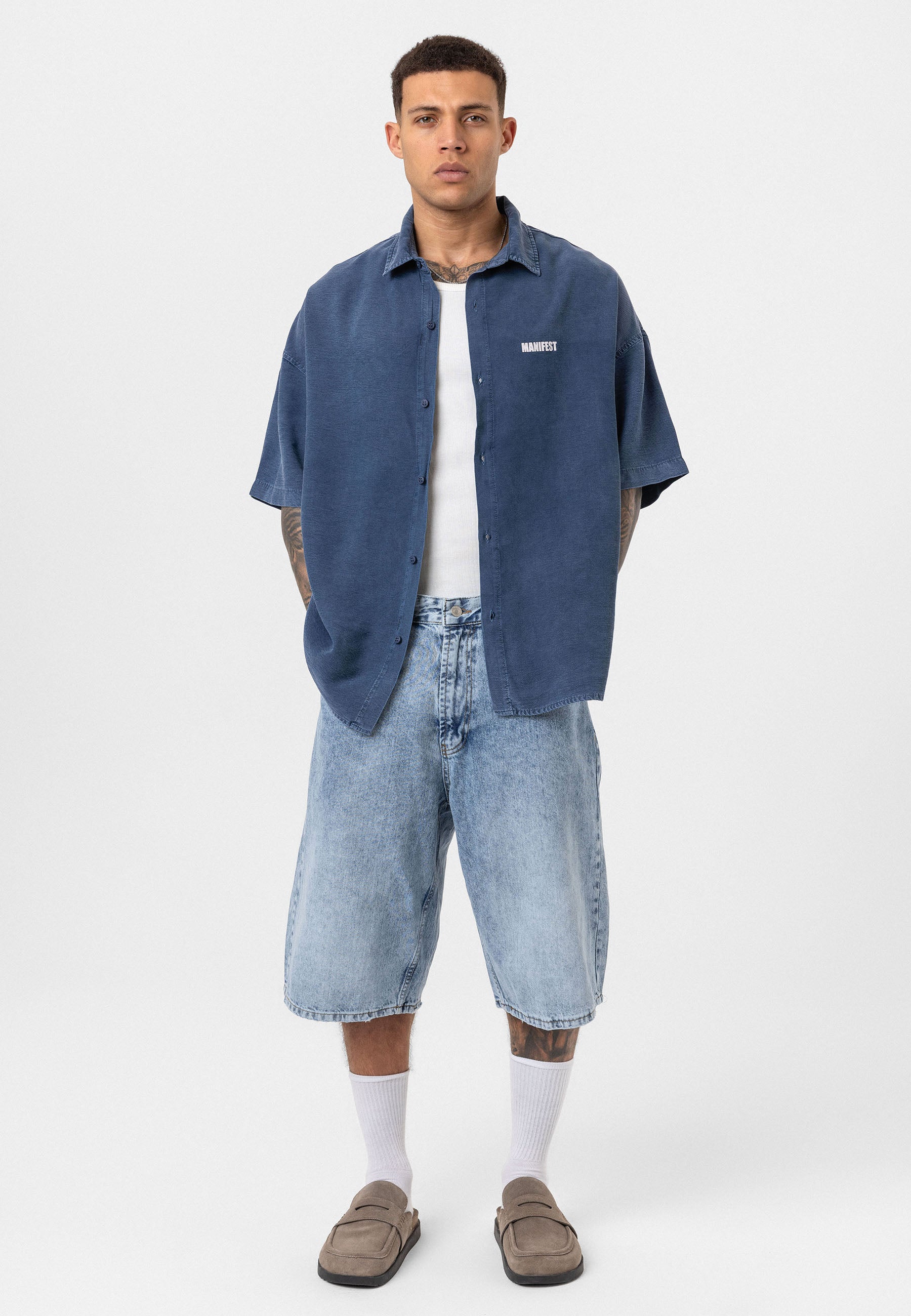 Washed Indigo Oversize Printed Short Sleeve Shirt – Casual Relaxed Fit