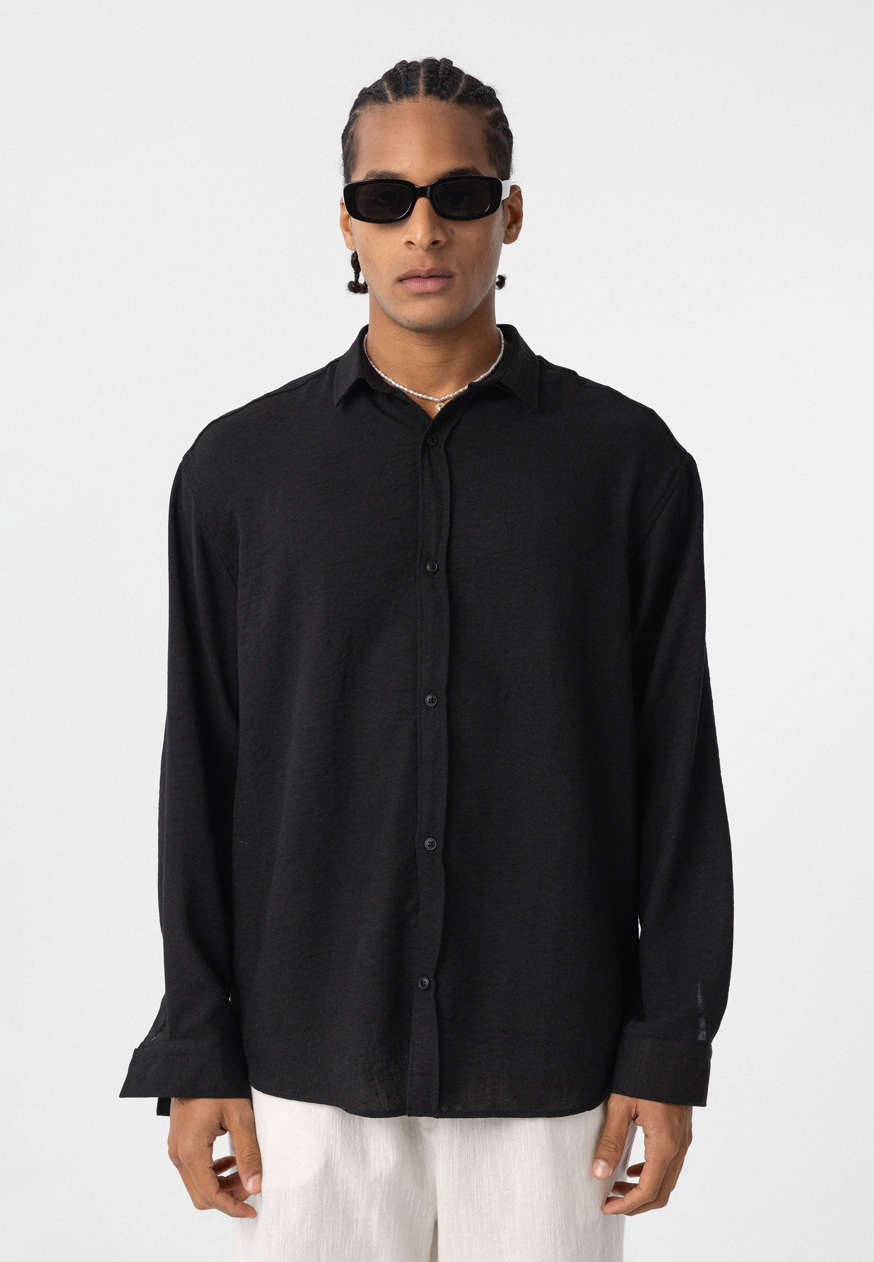 Pure Black Comfort Fit Button‑Up Shirt – Relaxed Everyday Essential