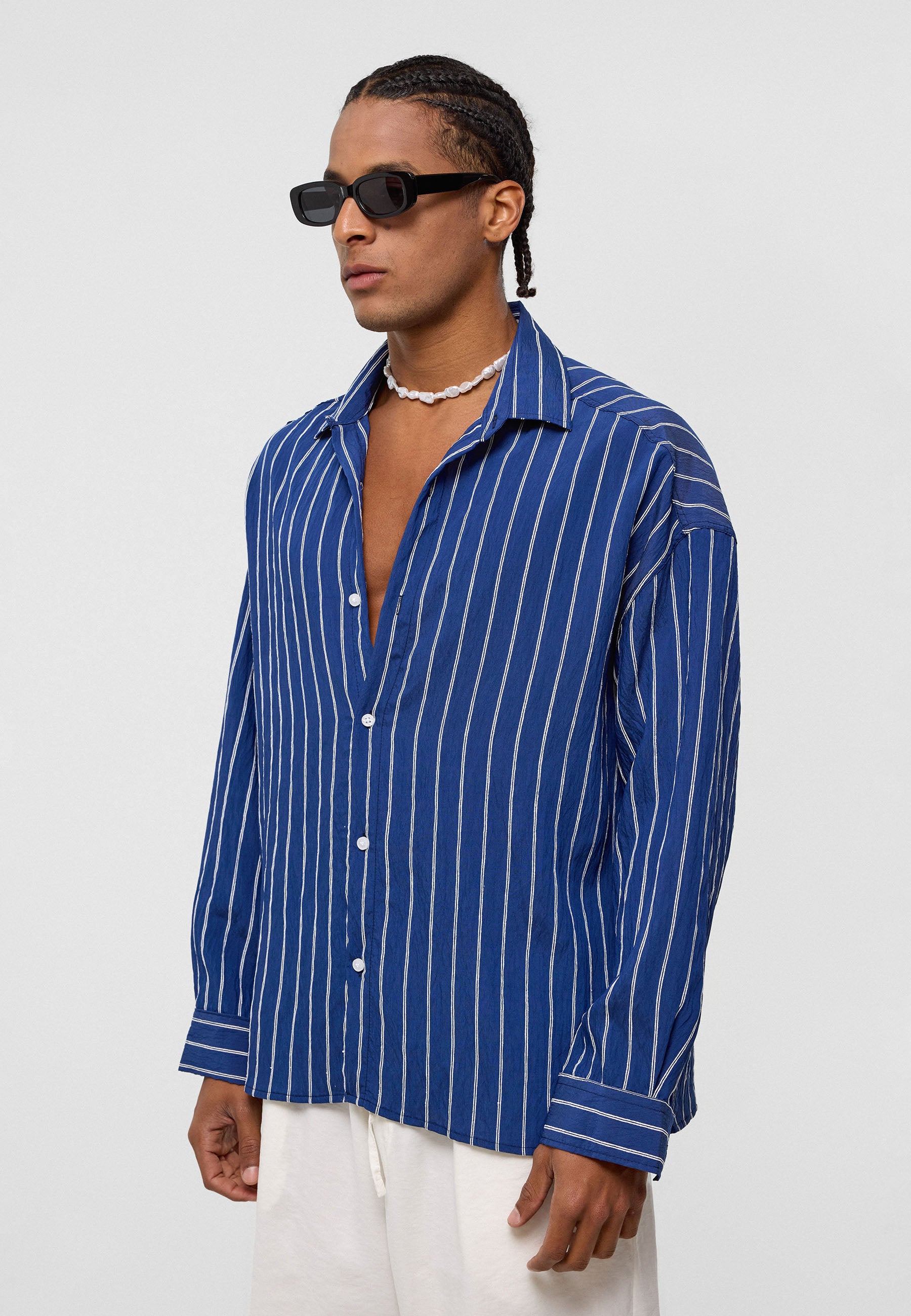 Midnight Navy Striped Oversized Shirt – Relaxed & Refined Everyday Wear