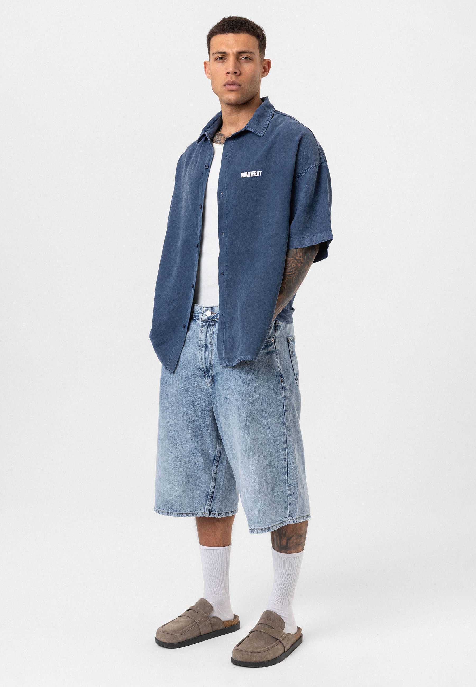 Washed Indigo Oversize Printed Short Sleeve Shirt – Casual Relaxed Fit