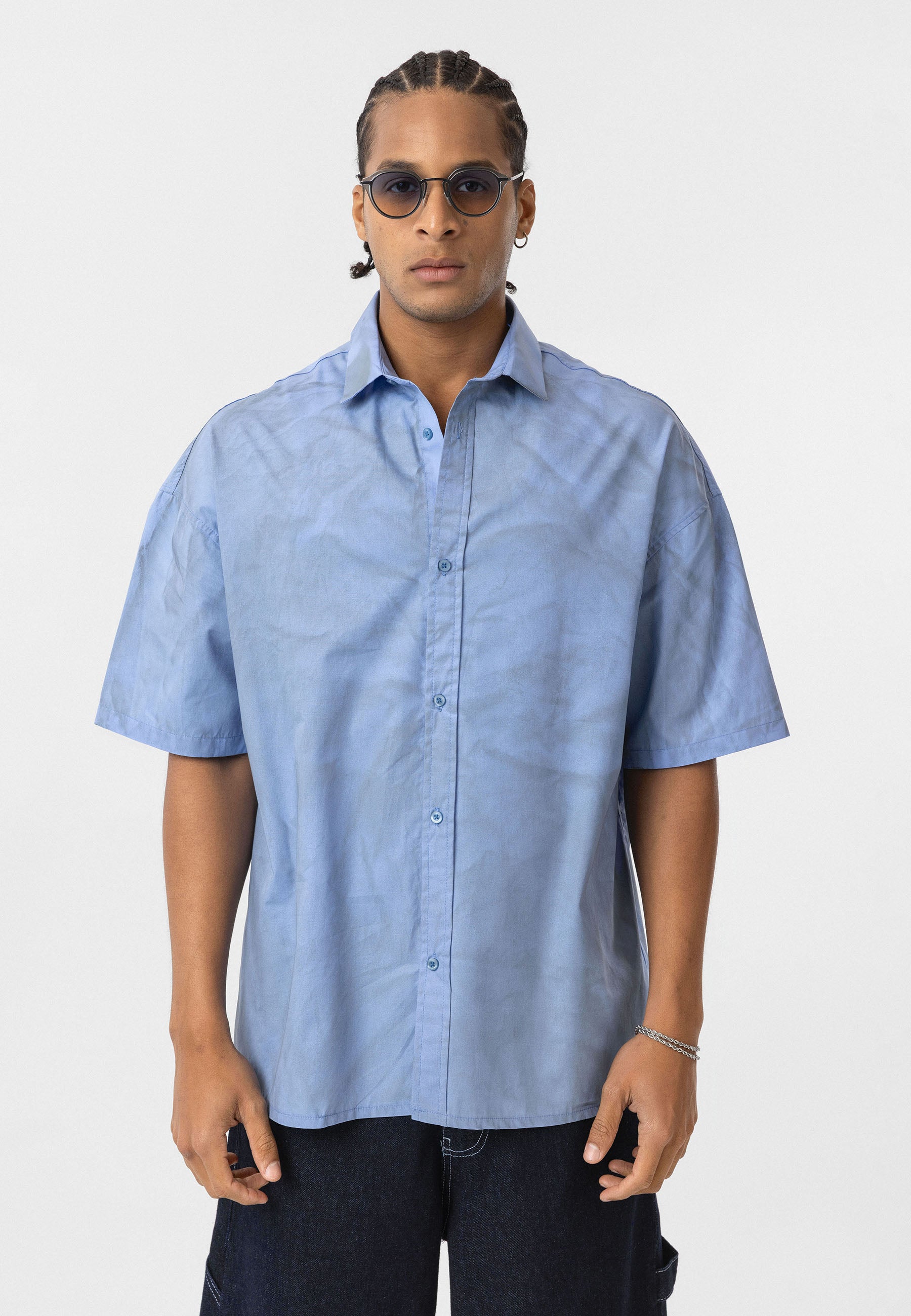Soft Sky Blue Oversize Back-Printed Short Sleeve Shirt – Relaxed Streetwear Style