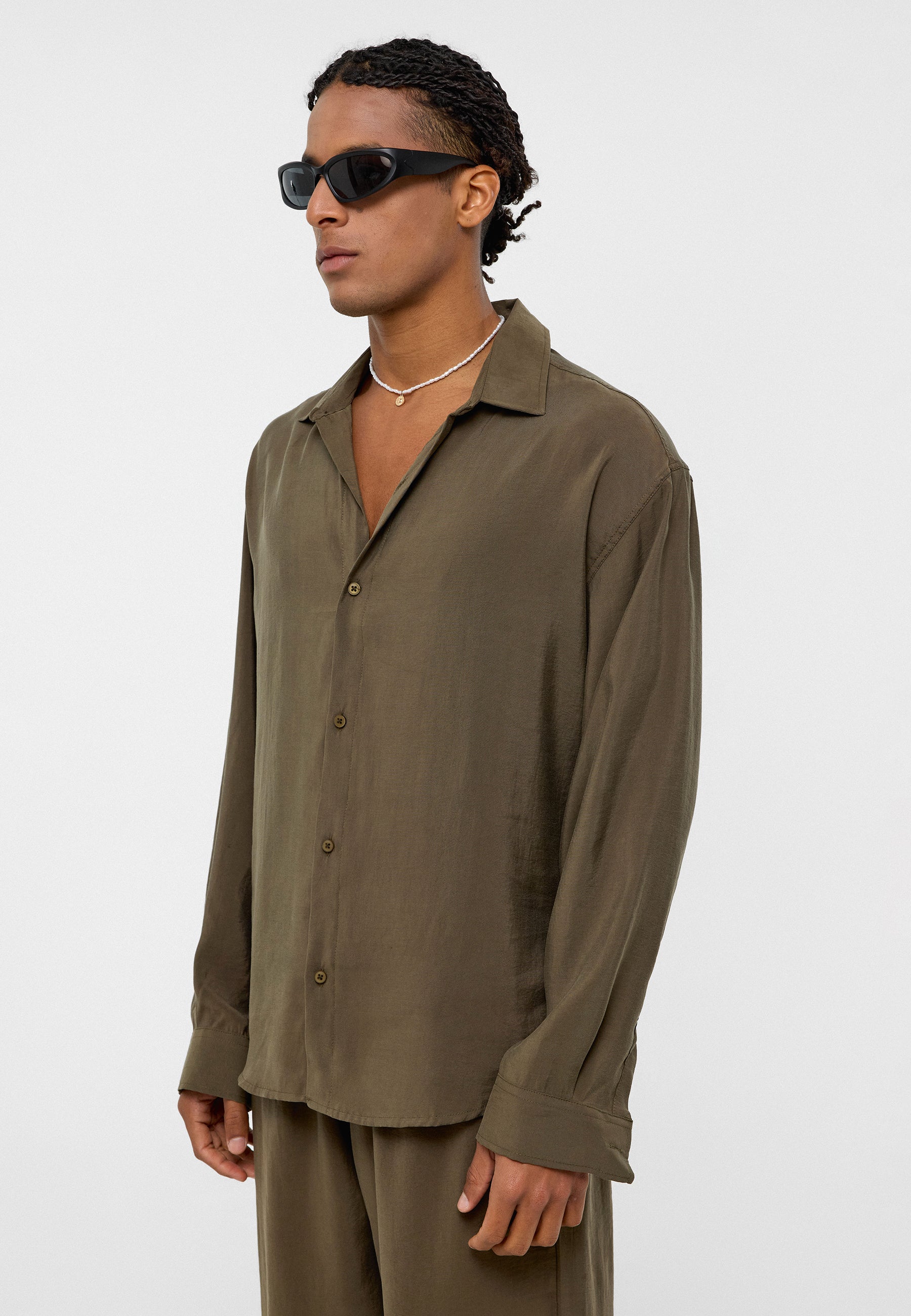 Olive Green Modal Blend Oversized Shirt – Soft Texture, Relaxed Vibe