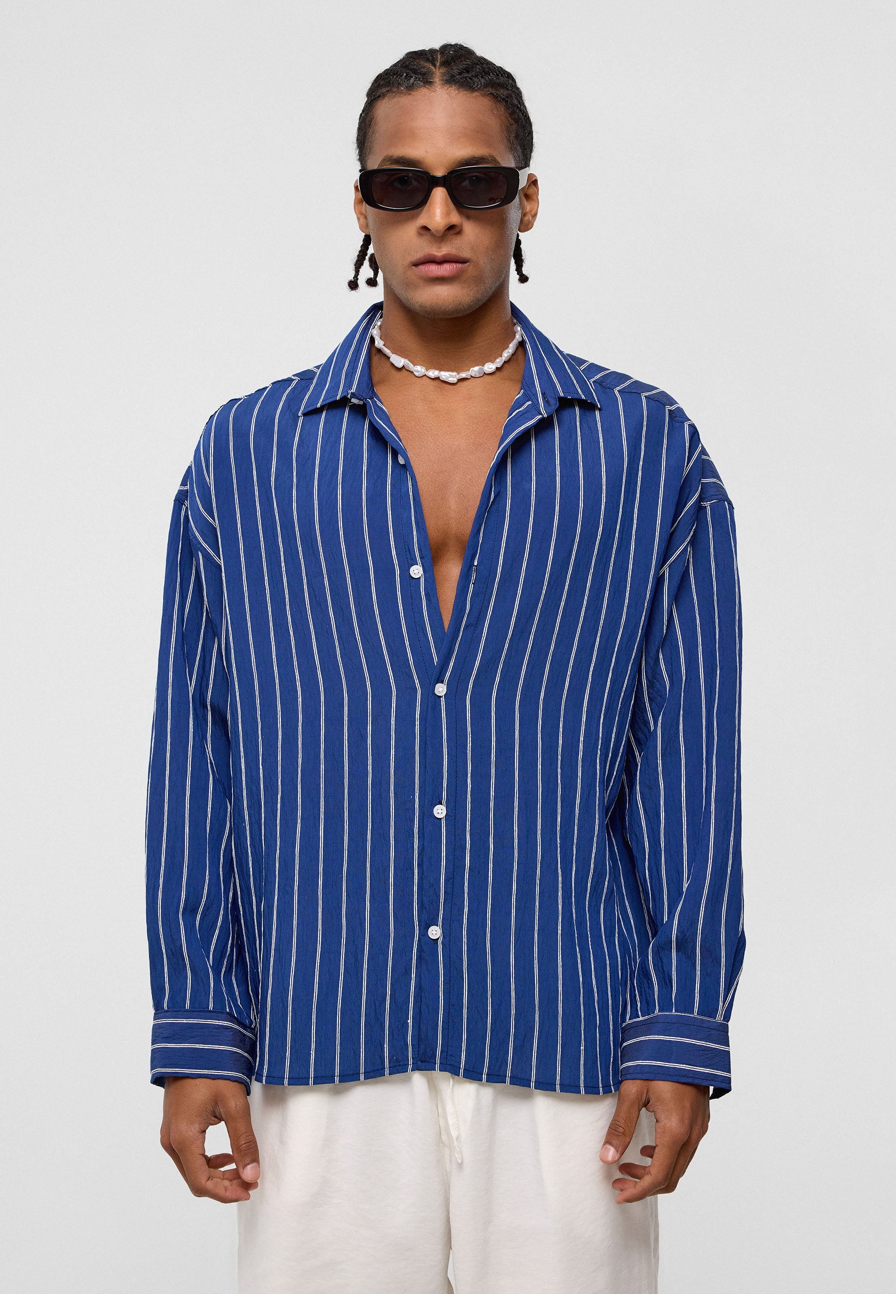 Midnight Navy Striped Oversized Shirt – Relaxed & Refined Everyday Wear