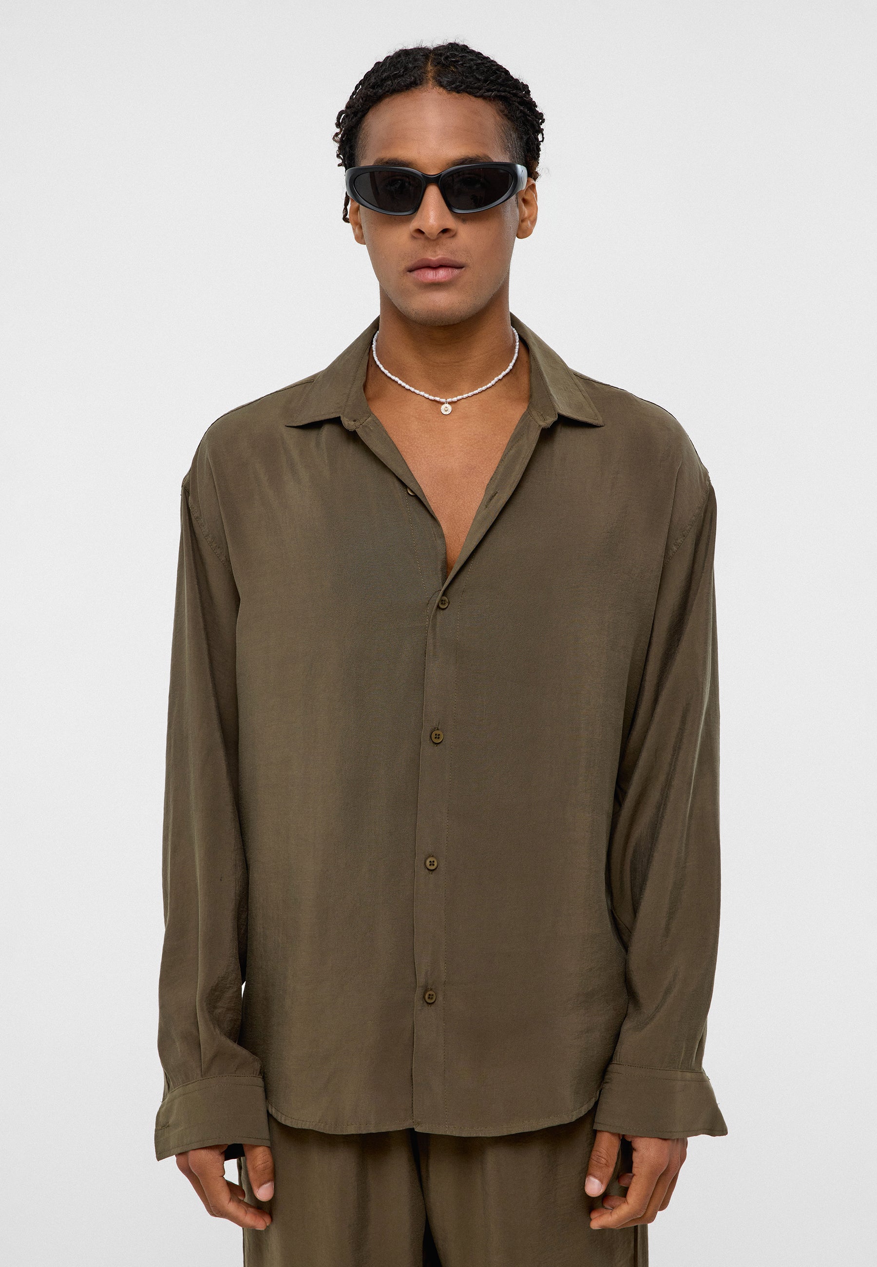 Olive Green Modal Blend Oversized Shirt – Soft Texture, Relaxed Vibe