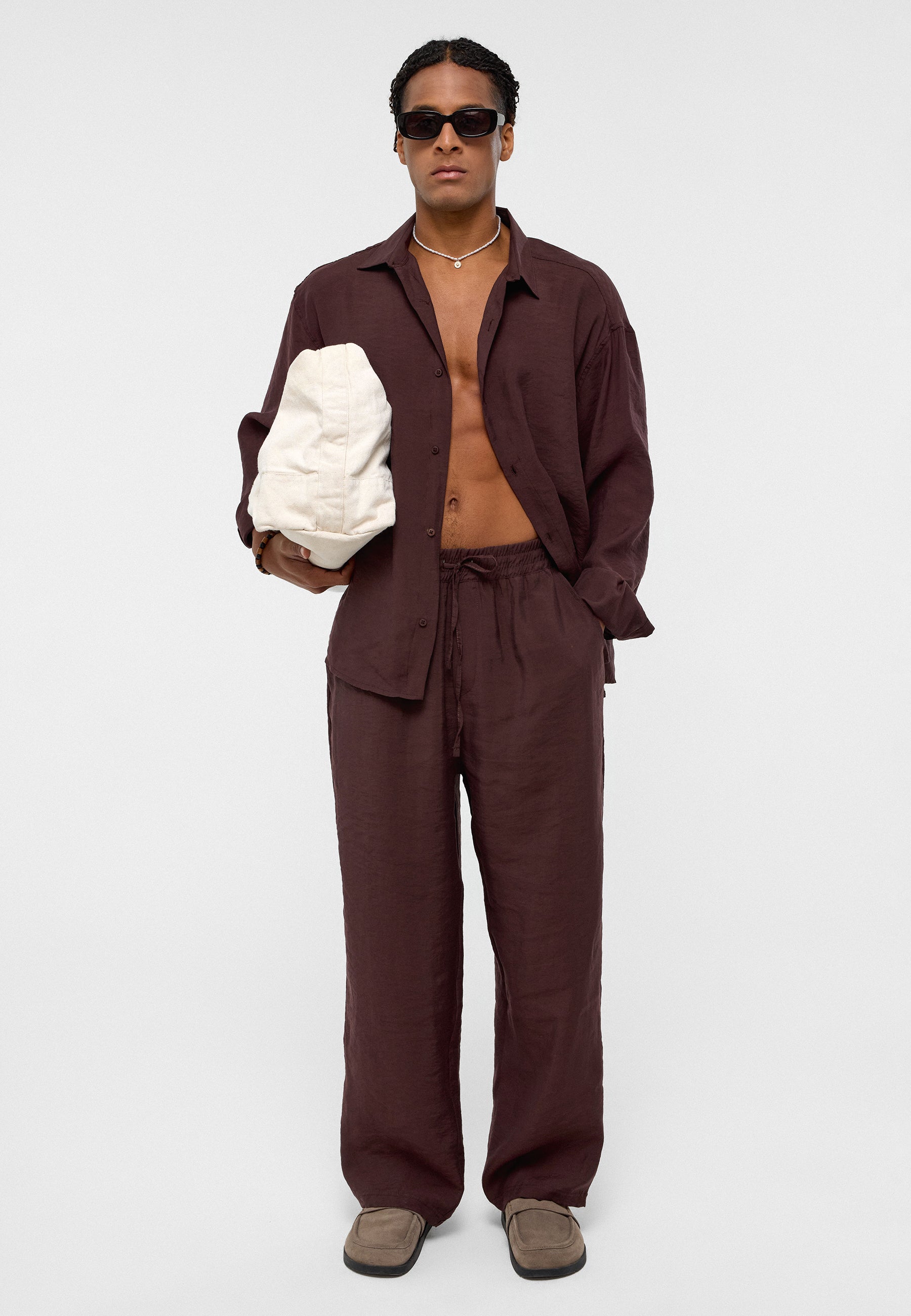 Deep Brown Modal Baggy-Fit Trousers – Lightweight Laid-Back Style