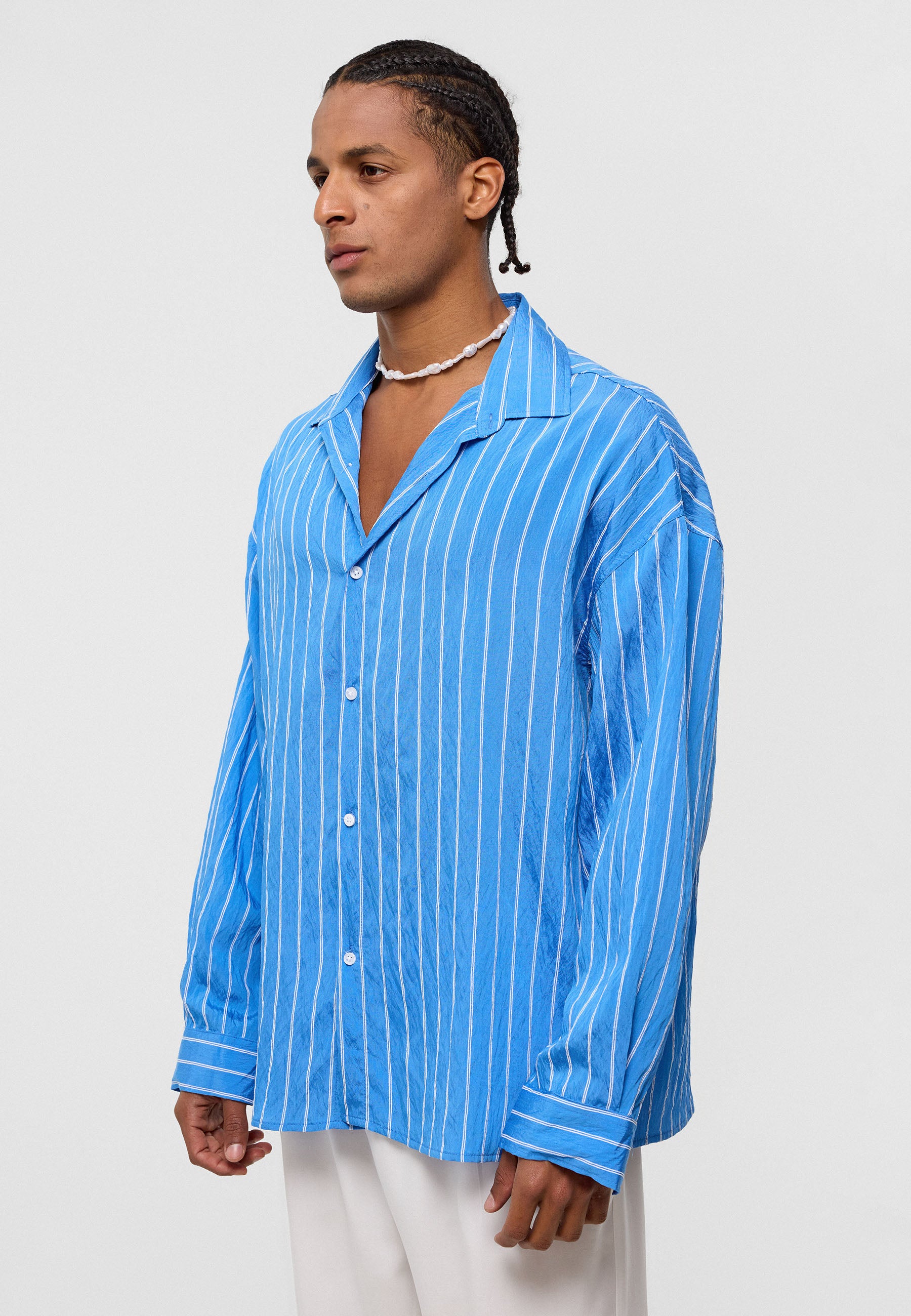 Saks Blue Striped Oversized Shirt – Breezy & Bold Everyday Style