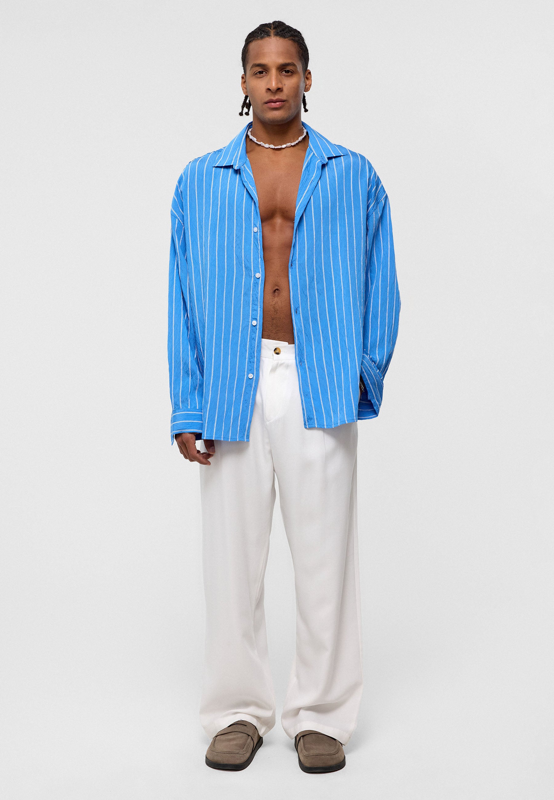 Saks Blue Striped Oversized Shirt – Breezy & Bold Everyday Style