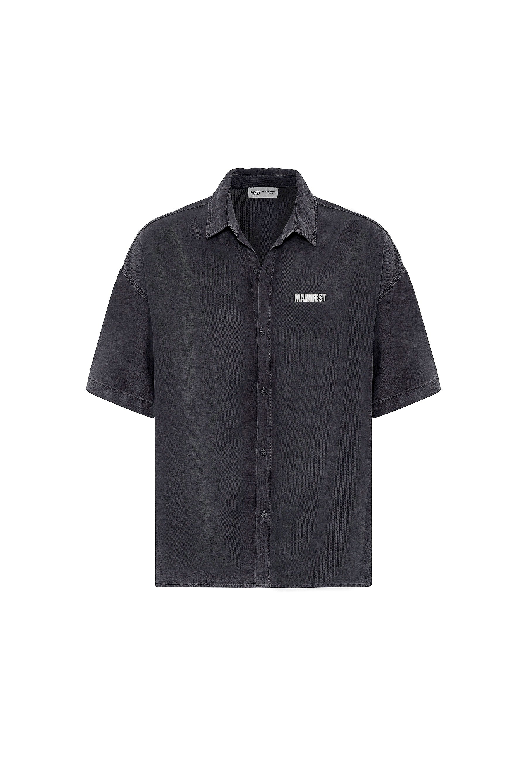 Washed Black Oversize Printed Short Sleeve Shirt – Relaxed Streetwear Vibe