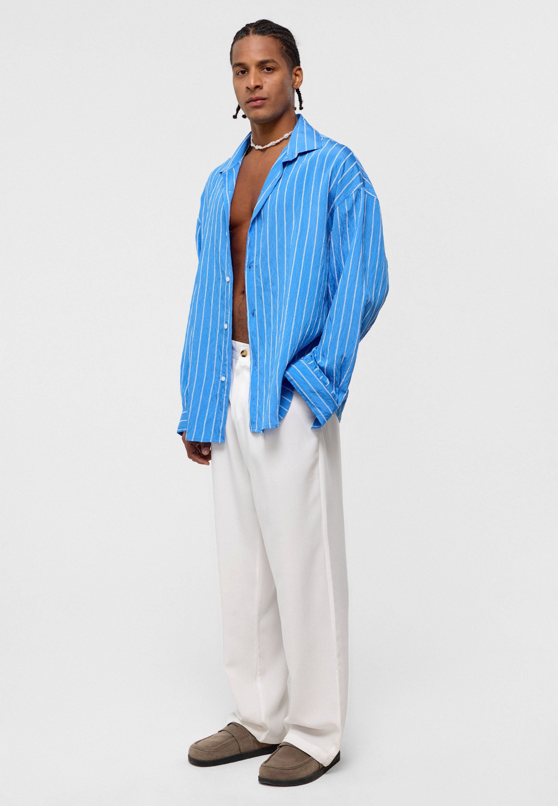Saks Blue Striped Oversized Shirt – Breezy & Bold Everyday Style