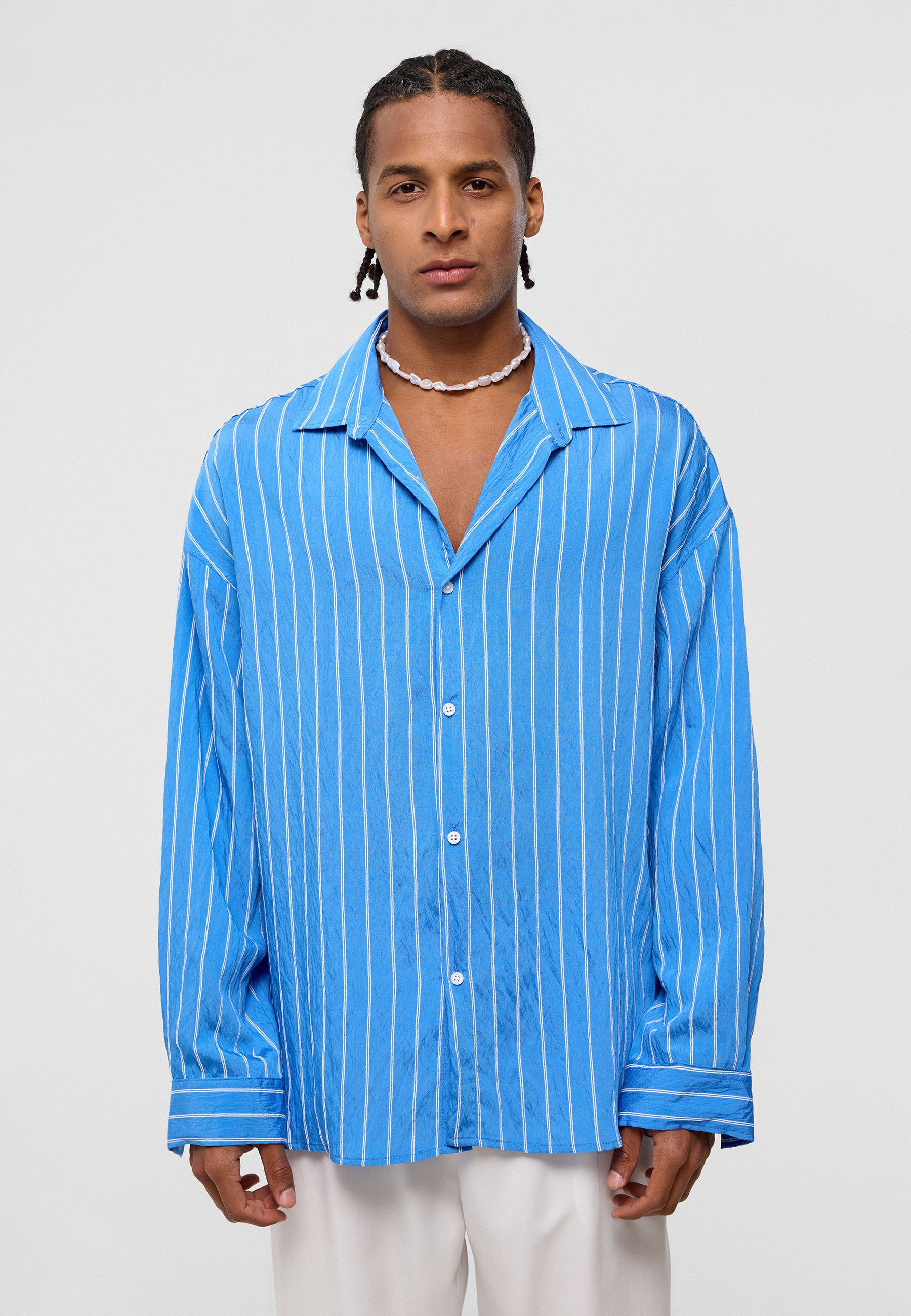 Saks Blue Striped Oversized Shirt – Breezy & Bold Everyday Style