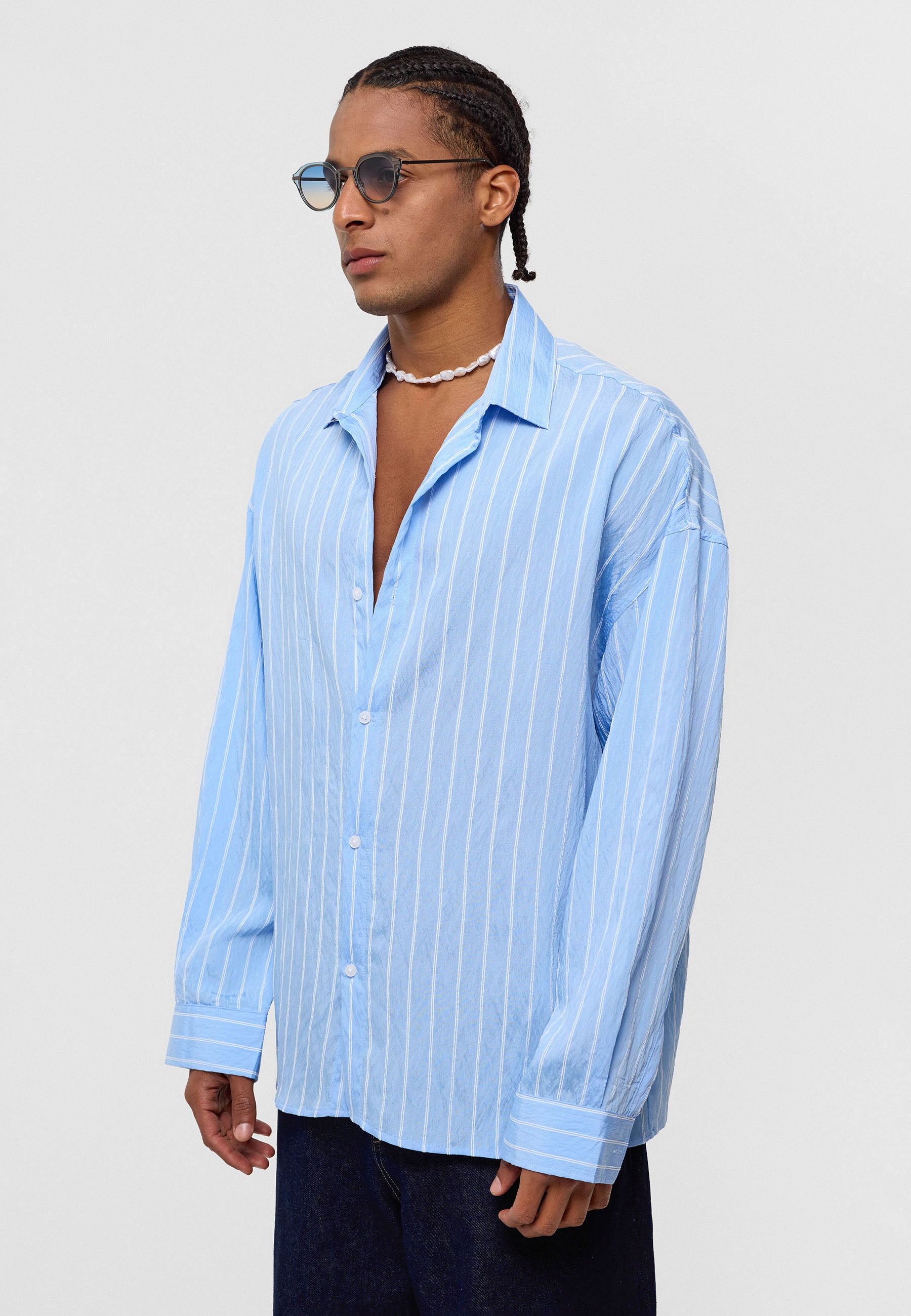 Pale Sky Blue Oversized Striped Long‑Sleeve Shirt – Breezy & Stylish Essentials