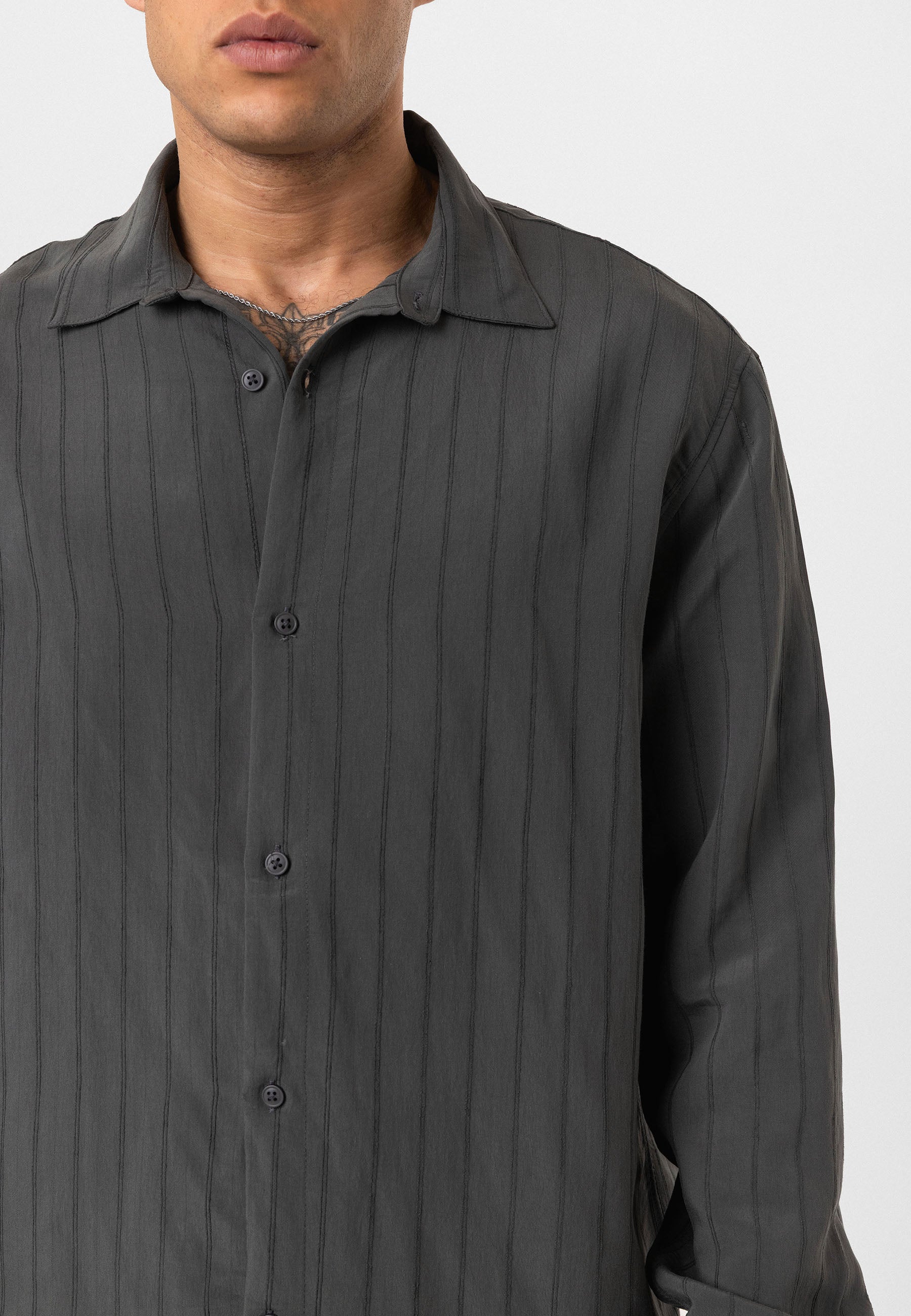 Anthracite Grey Striped Long Sleeve Oversize Shirt – Modern Relaxed Fit