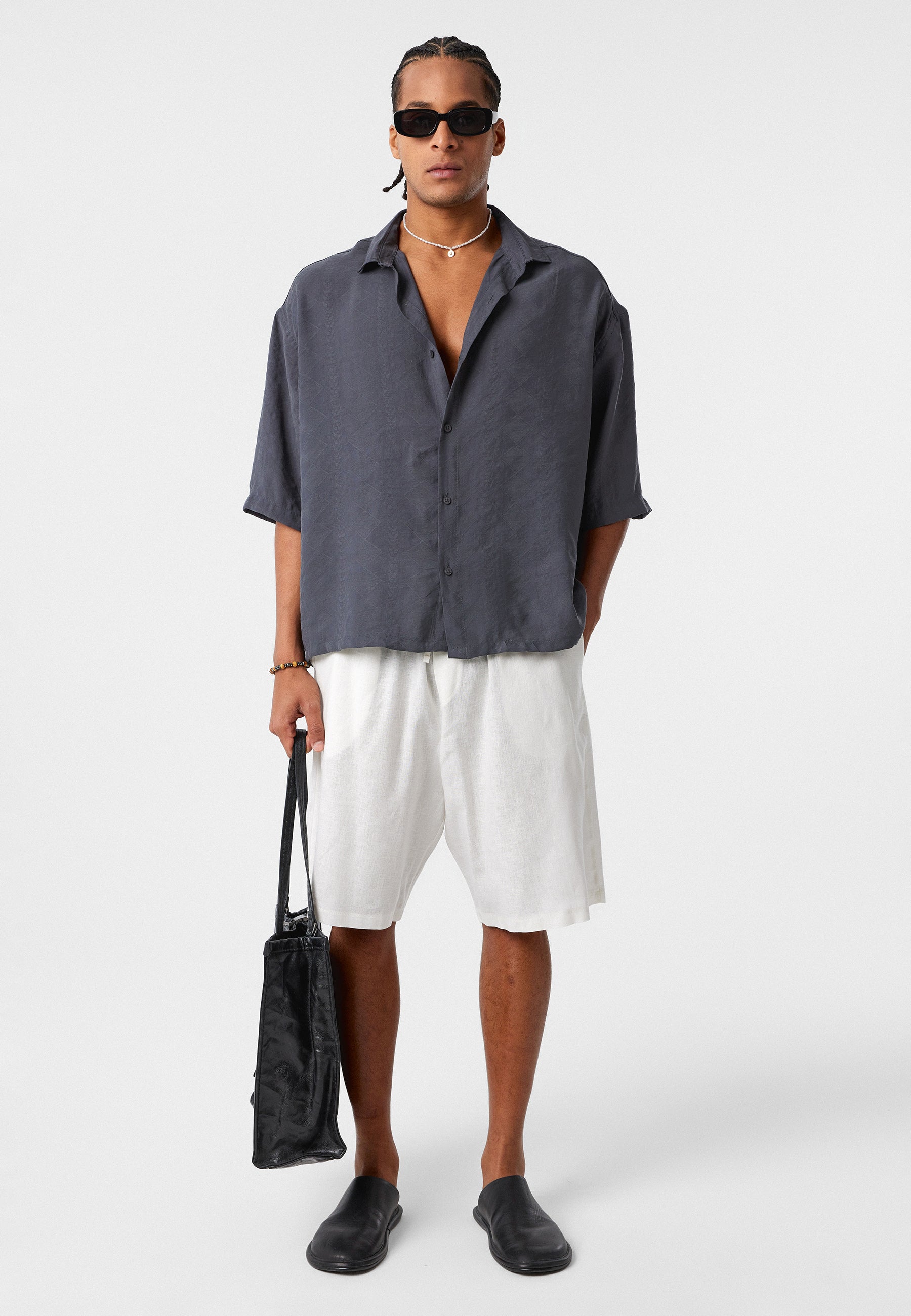 Navy Blue Oversized Short-Sleeve Linen Shirt – Effortless Summer Style