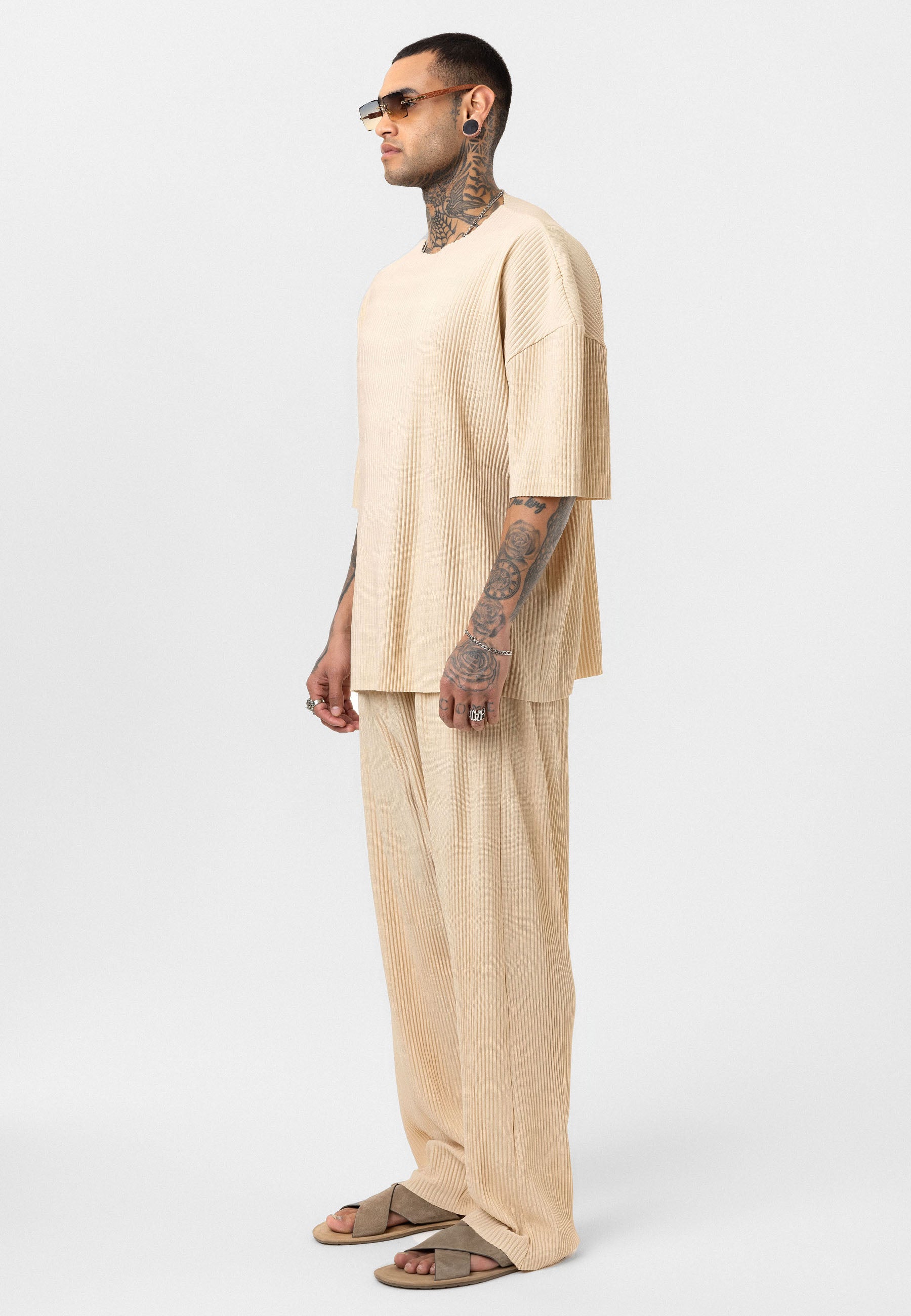 Beige Ribbed Oversized T-Shirt Trendy Casual Look