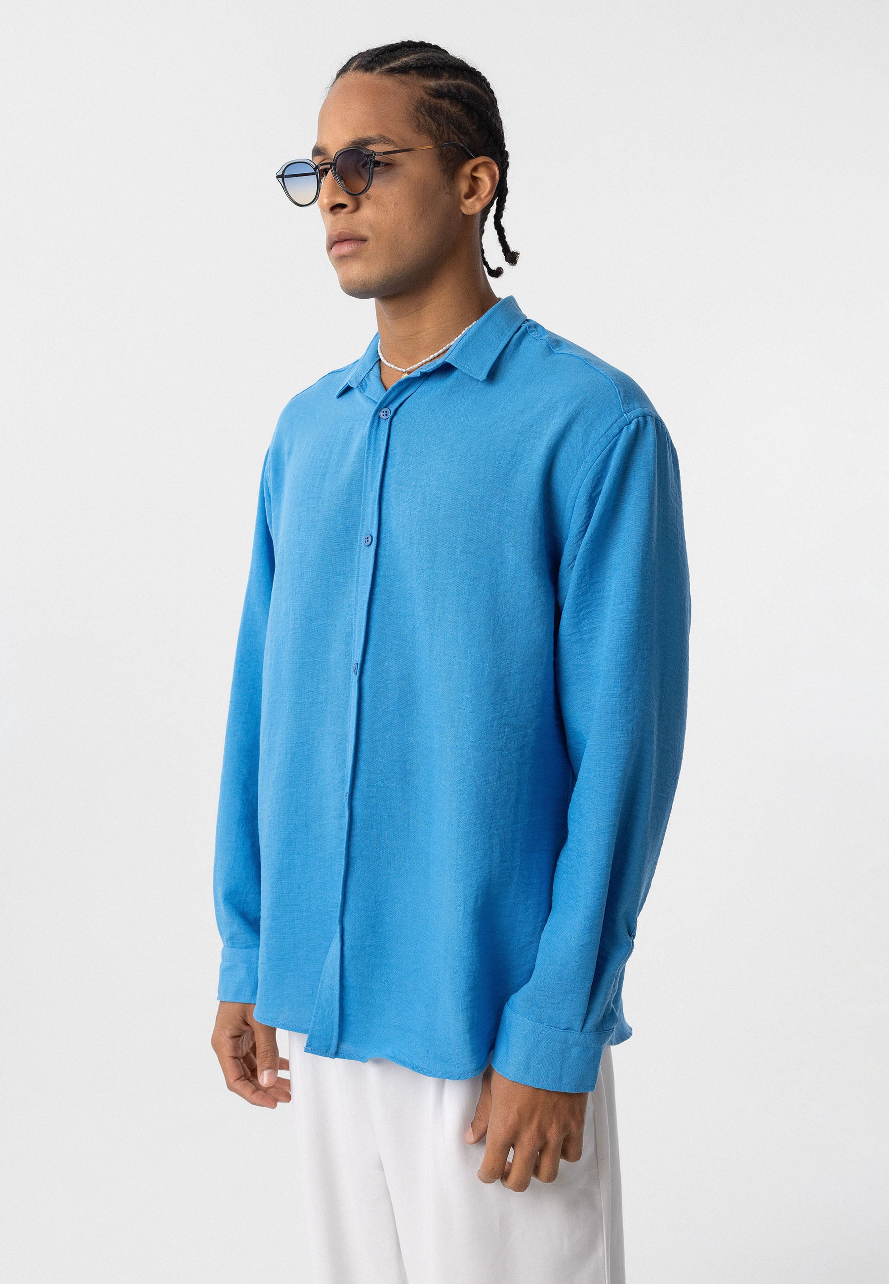 Azure Blue Comfort Fit Button-Up Shirt – Relaxed Everyday Essential