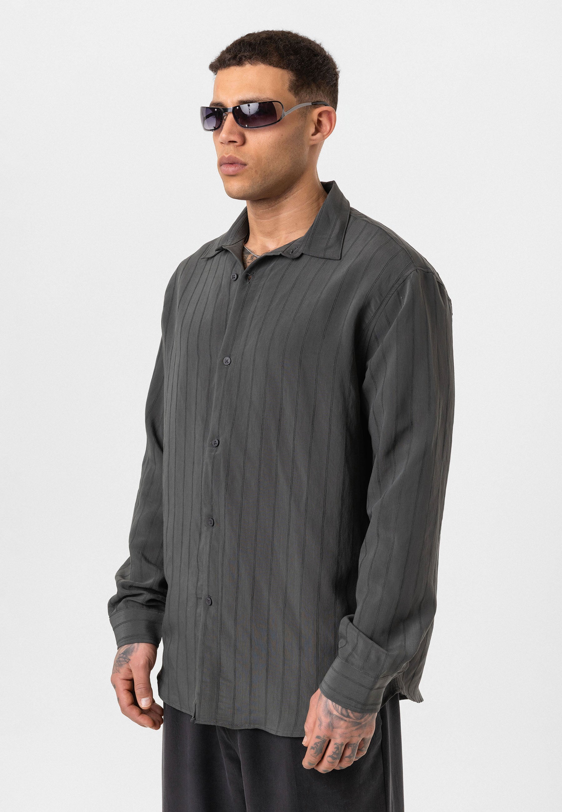 Anthracite Grey Striped Long Sleeve Oversize Shirt – Modern Relaxed Fit