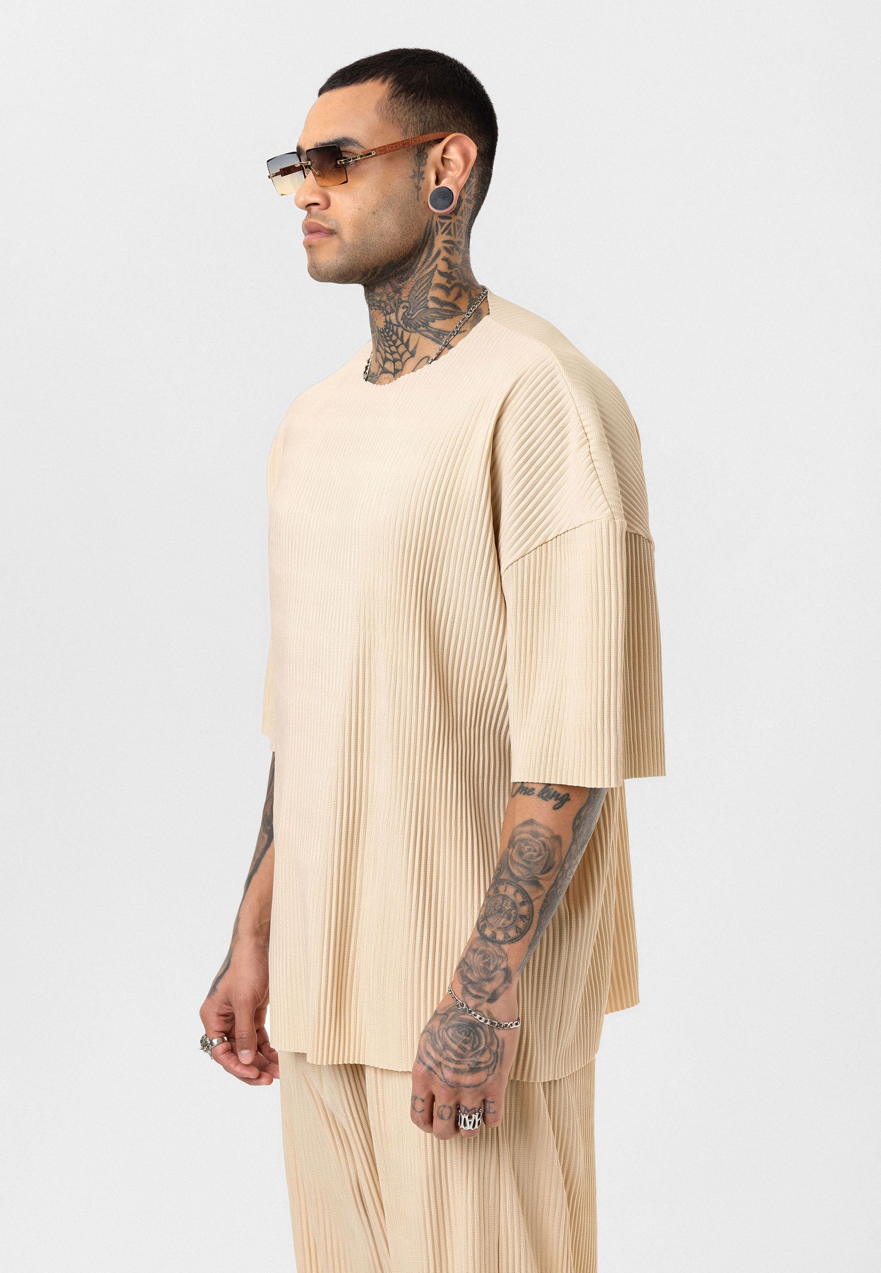 Beige Ribbed Oversized T-Shirt Trendy Casual Look
