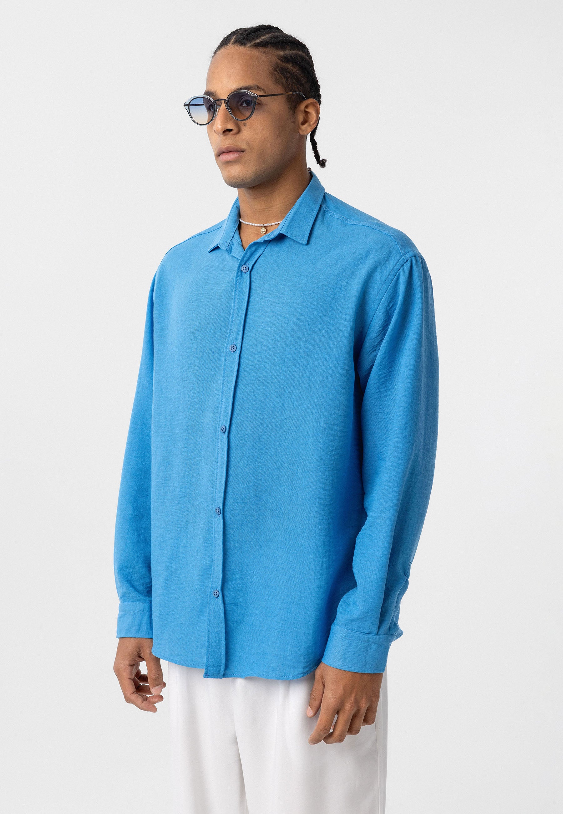 Azure Blue Comfort Fit Button-Up Shirt – Relaxed Everyday Essential