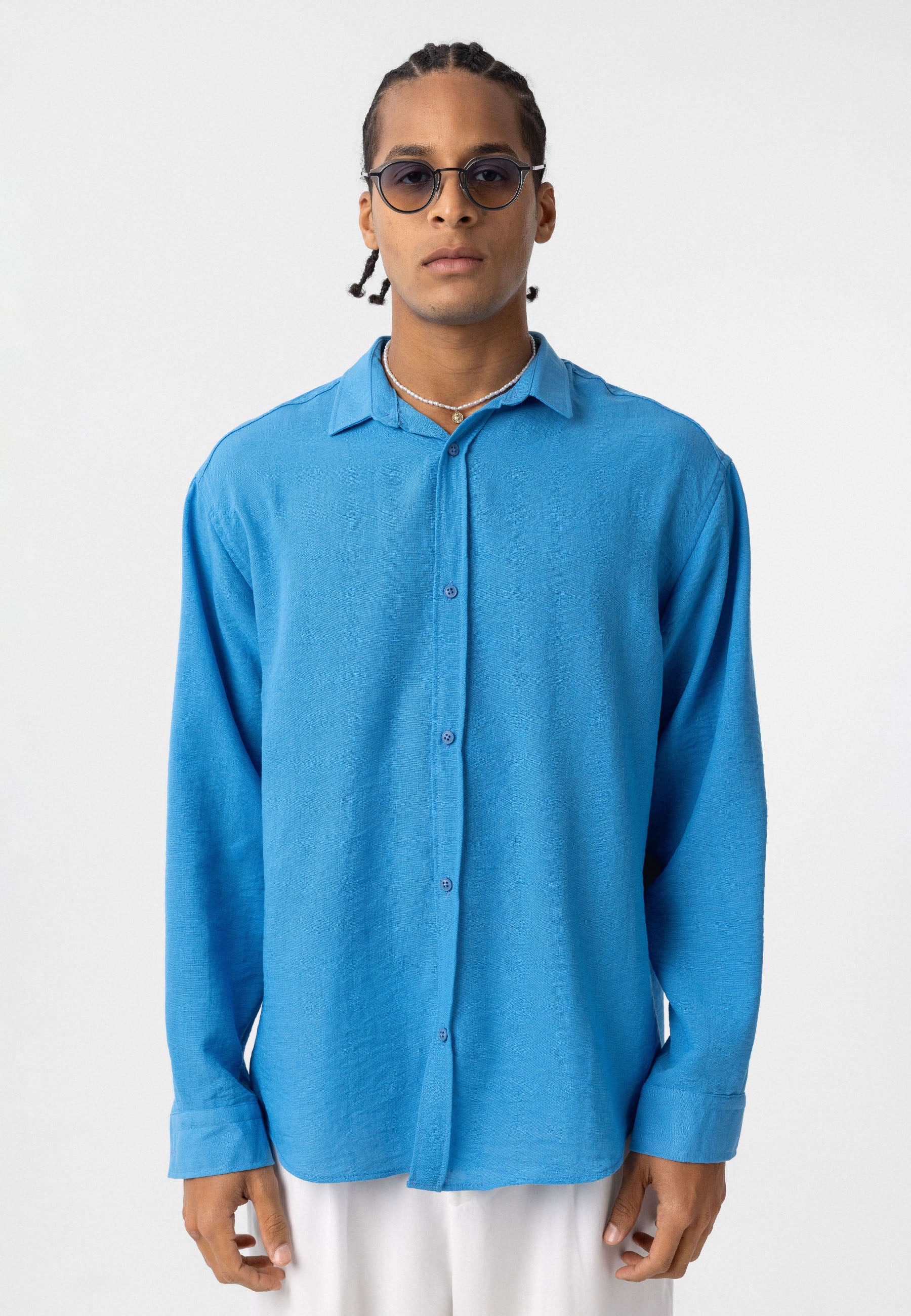 Azure Blue Comfort Fit Button-Up Shirt – Relaxed Everyday Essential