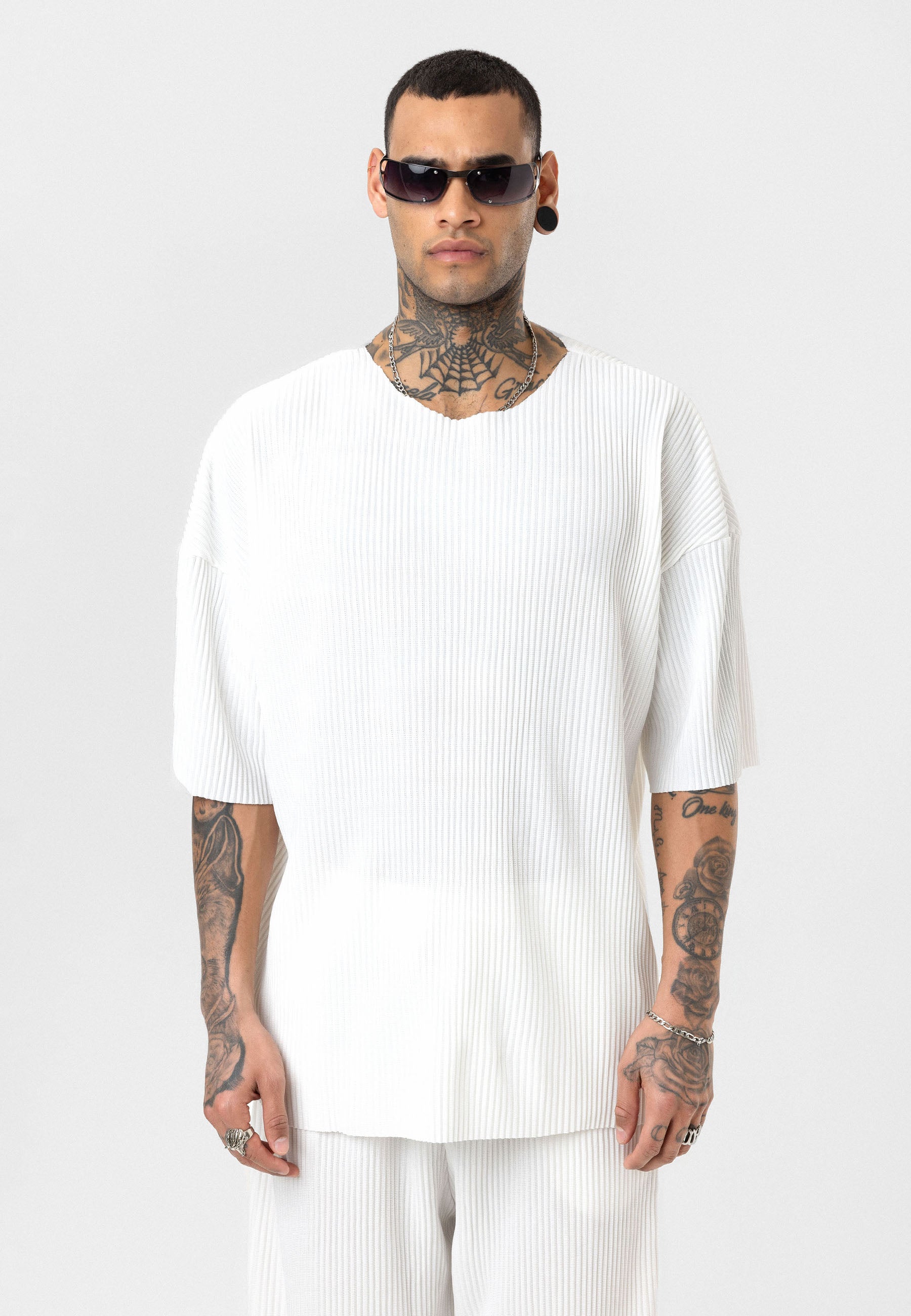 White Men’s Oversized Ribbed T-Shirt Textured Streetwear Fit