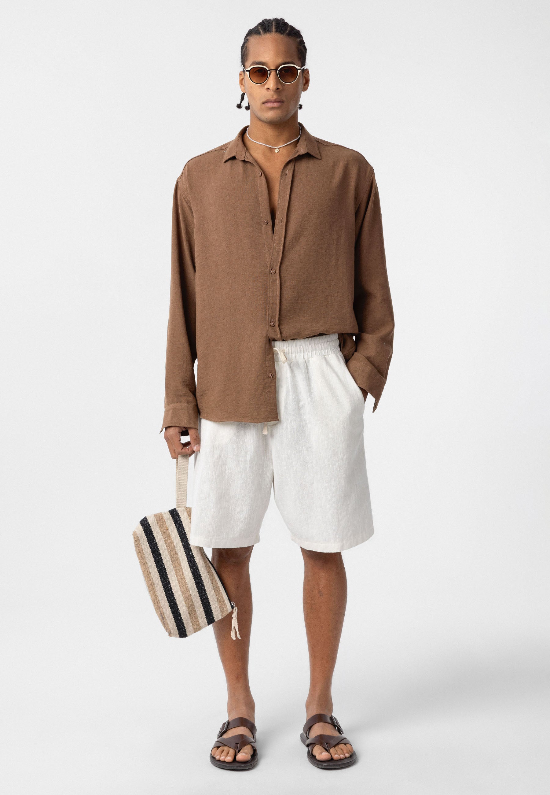 Soft Vizon Beige Striped Muslin Linen Oversize Shirt – Relaxed Natural Comfort