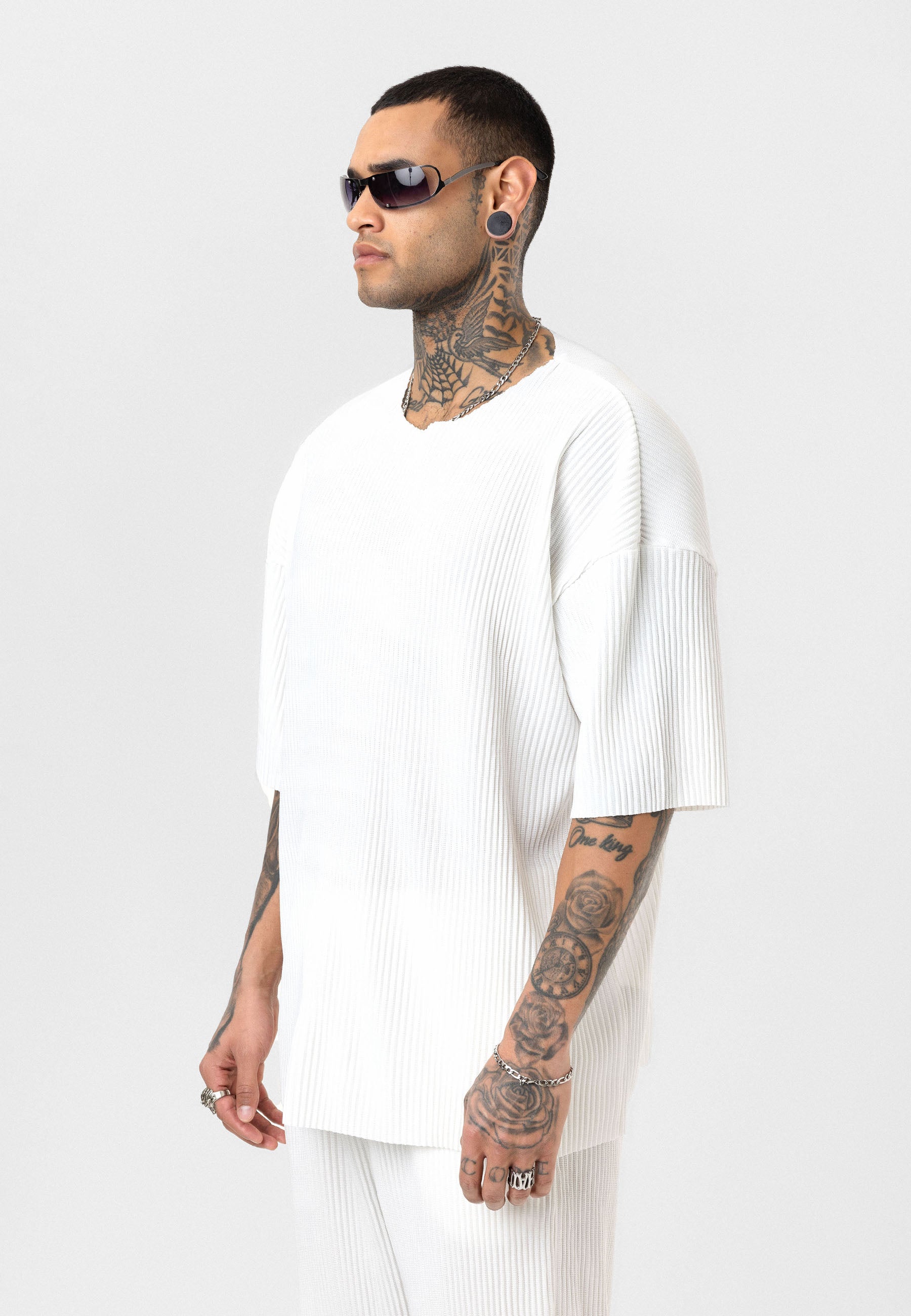 White Men’s Oversized Ribbed T-Shirt Textured Streetwear Fit