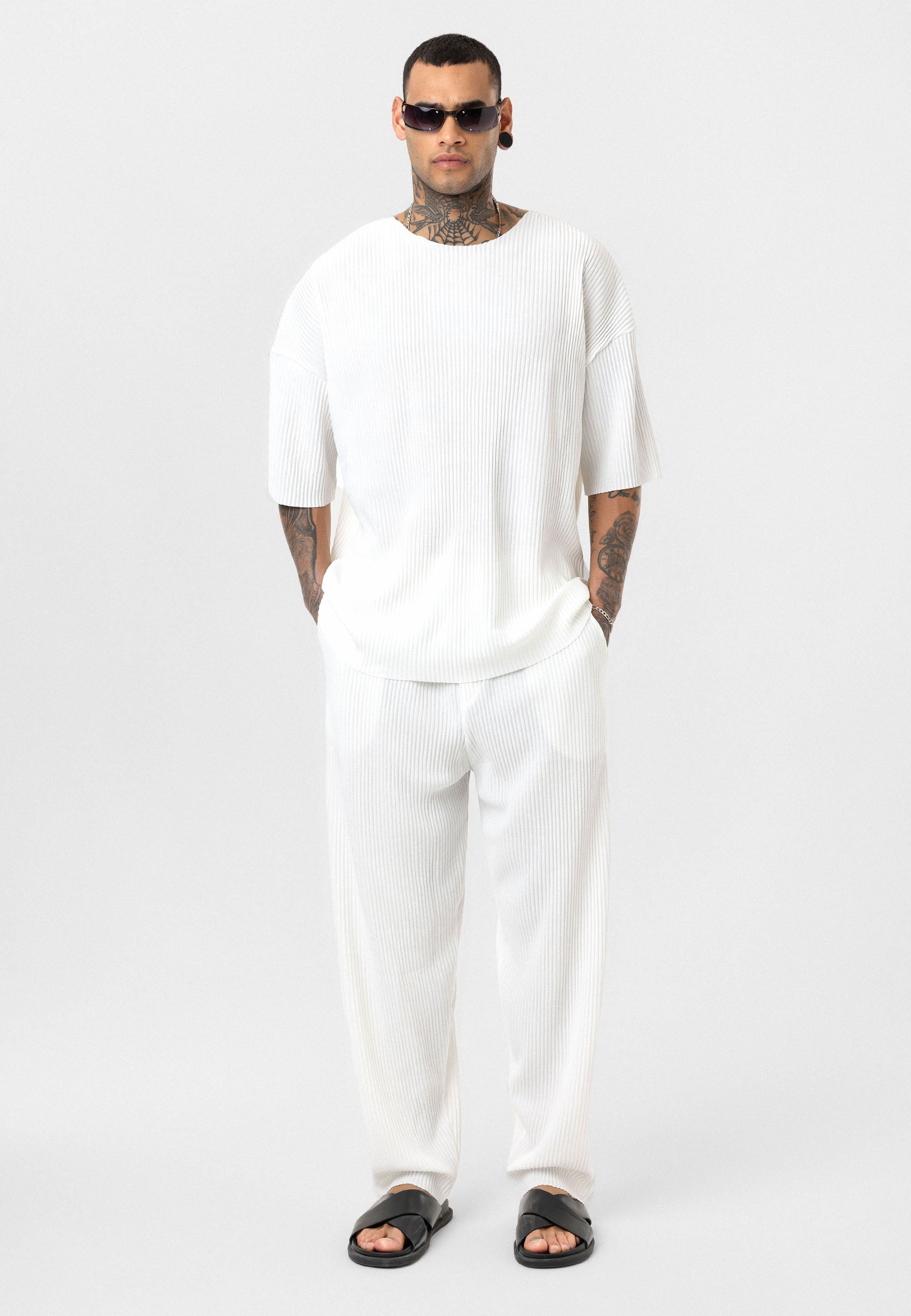 White Men’s Oversized Ribbed T-Shirt Textured Streetwear Fit