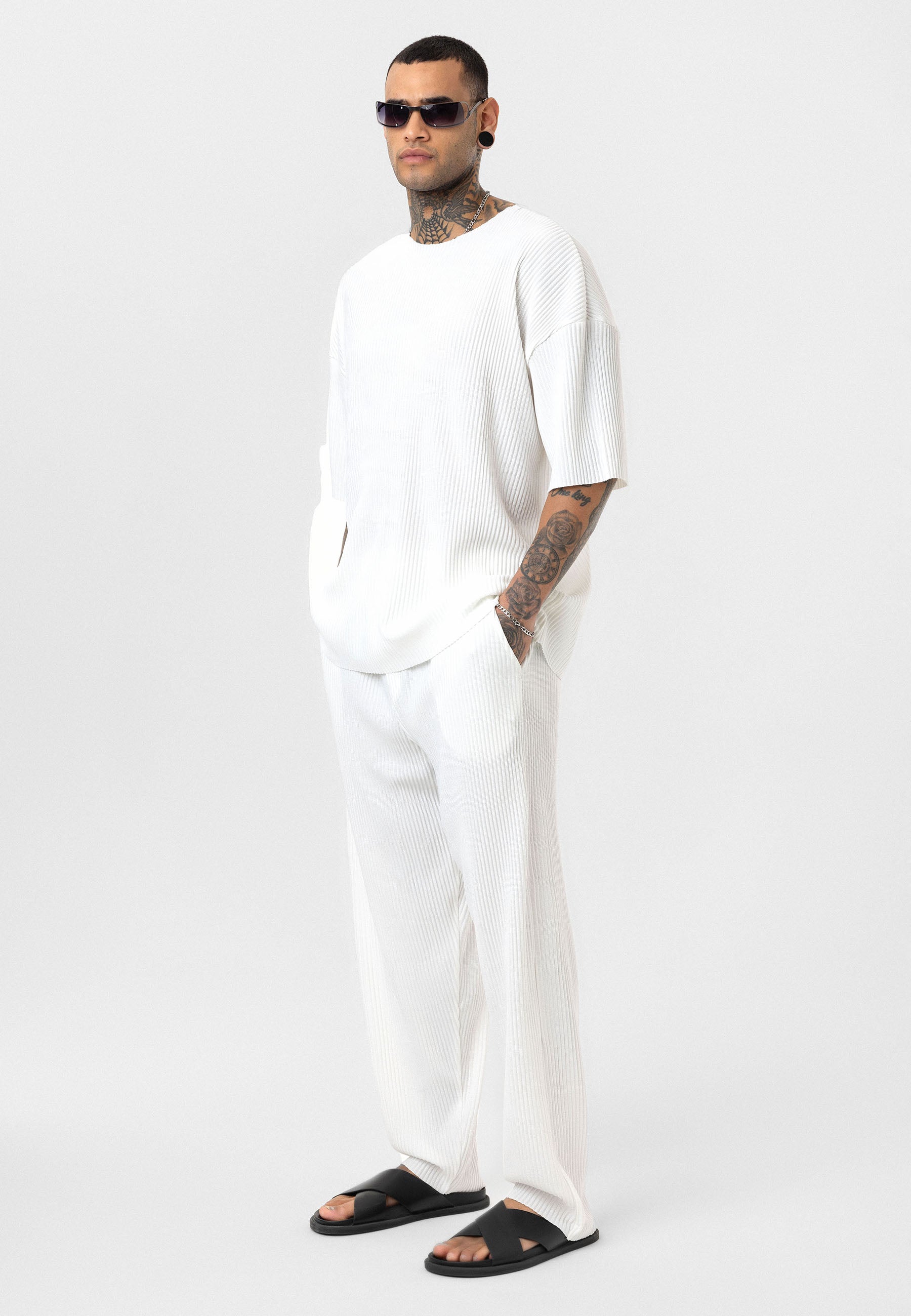 White Men’s Oversized Ribbed T-Shirt Textured Streetwear Fit