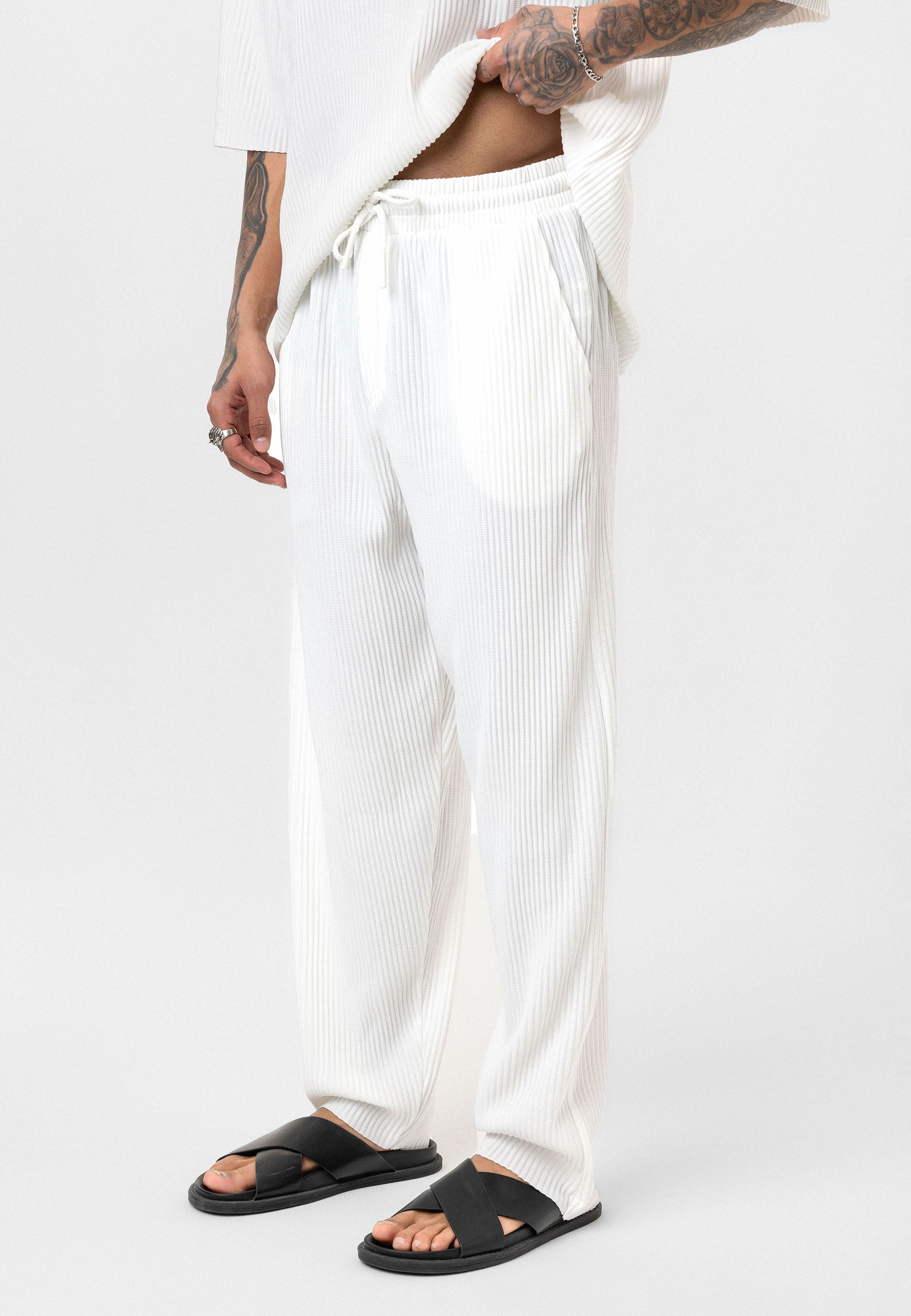 White Men’s Oversized Ribbed T-Shirt Textured Streetwear Fit