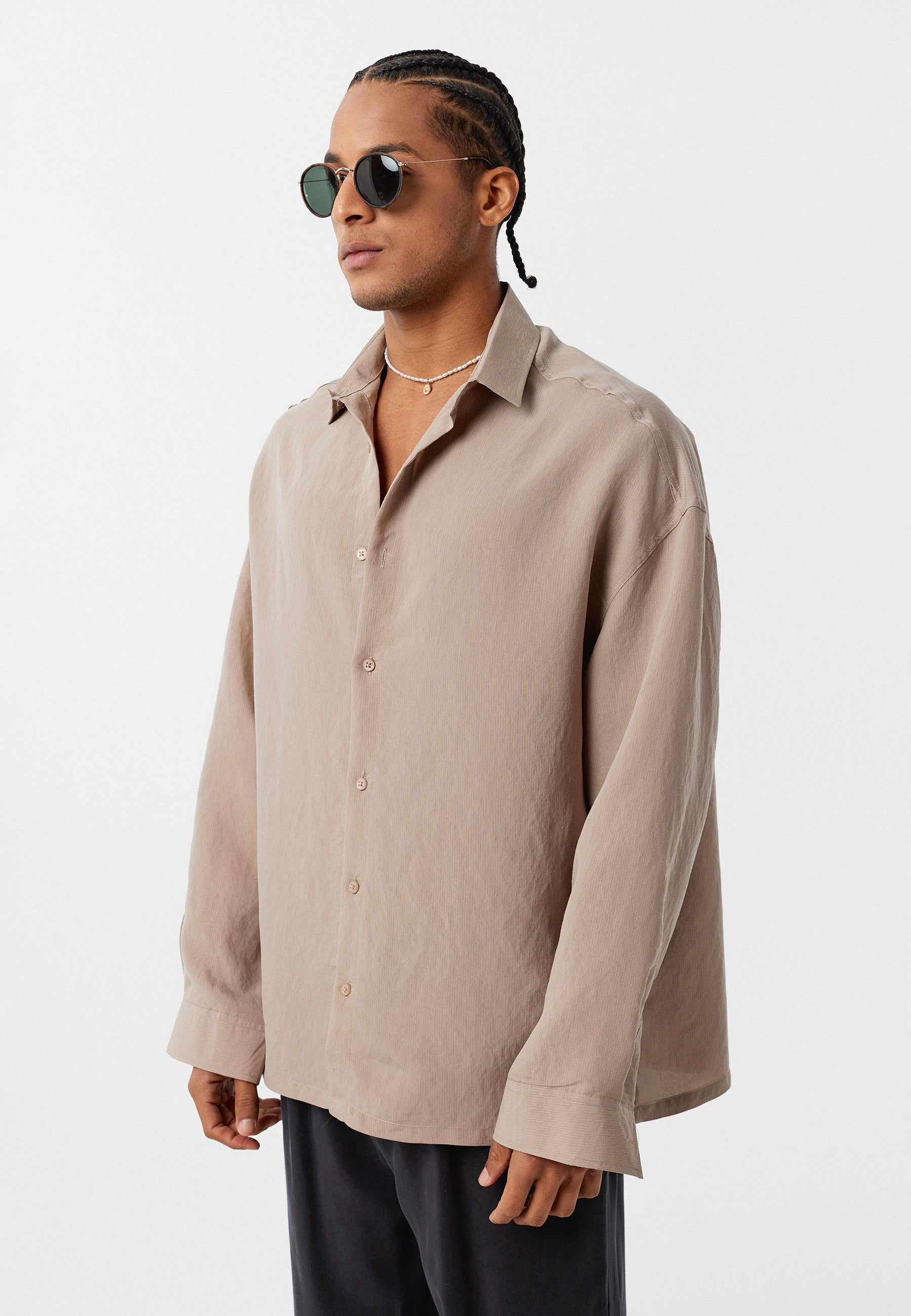 Warm Stone Beige Oversized Long‑Sleeve Shirt – Effortless & Elevated Basics