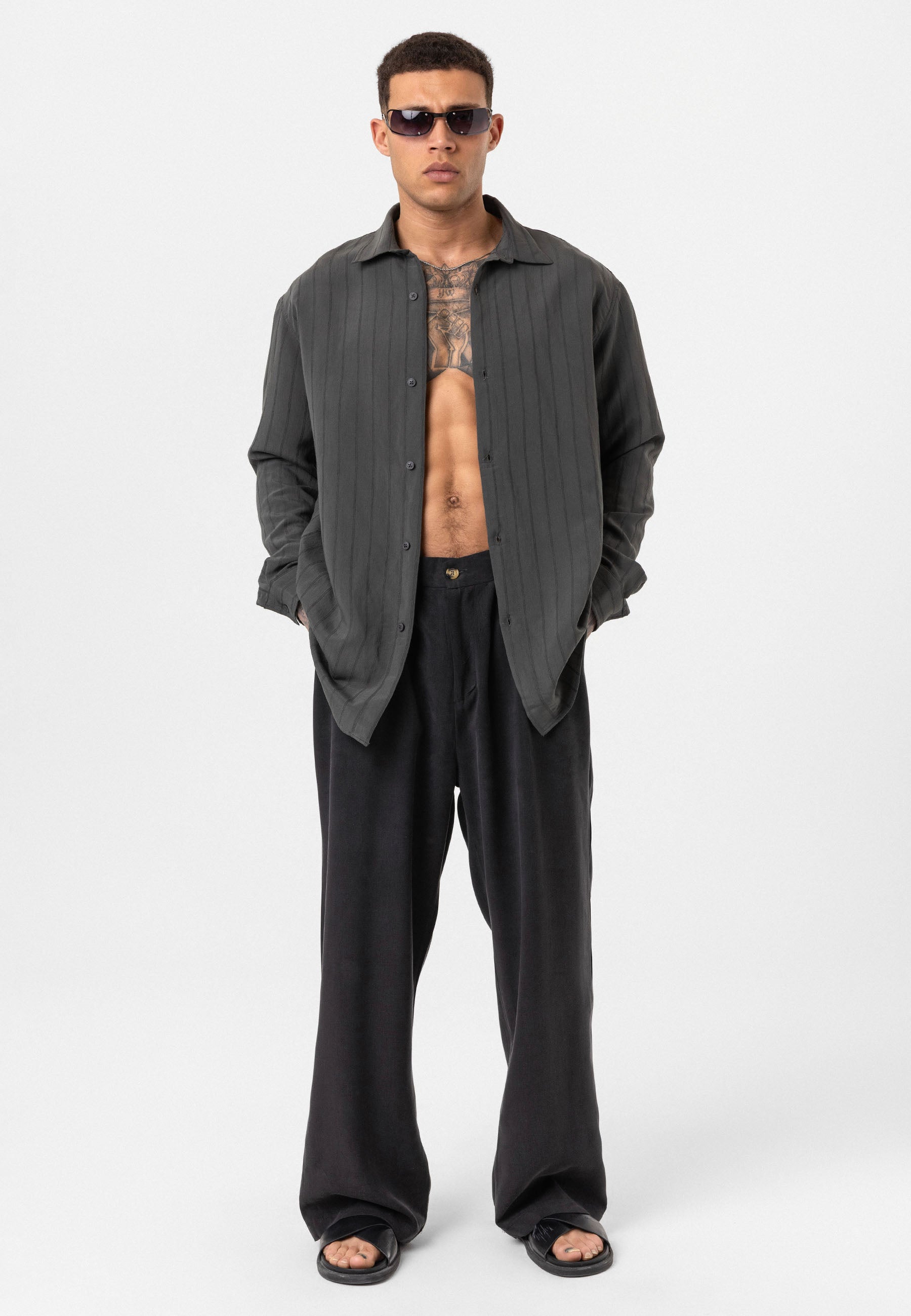 Anthracite Grey Striped Long Sleeve Oversize Shirt – Modern Relaxed Fit