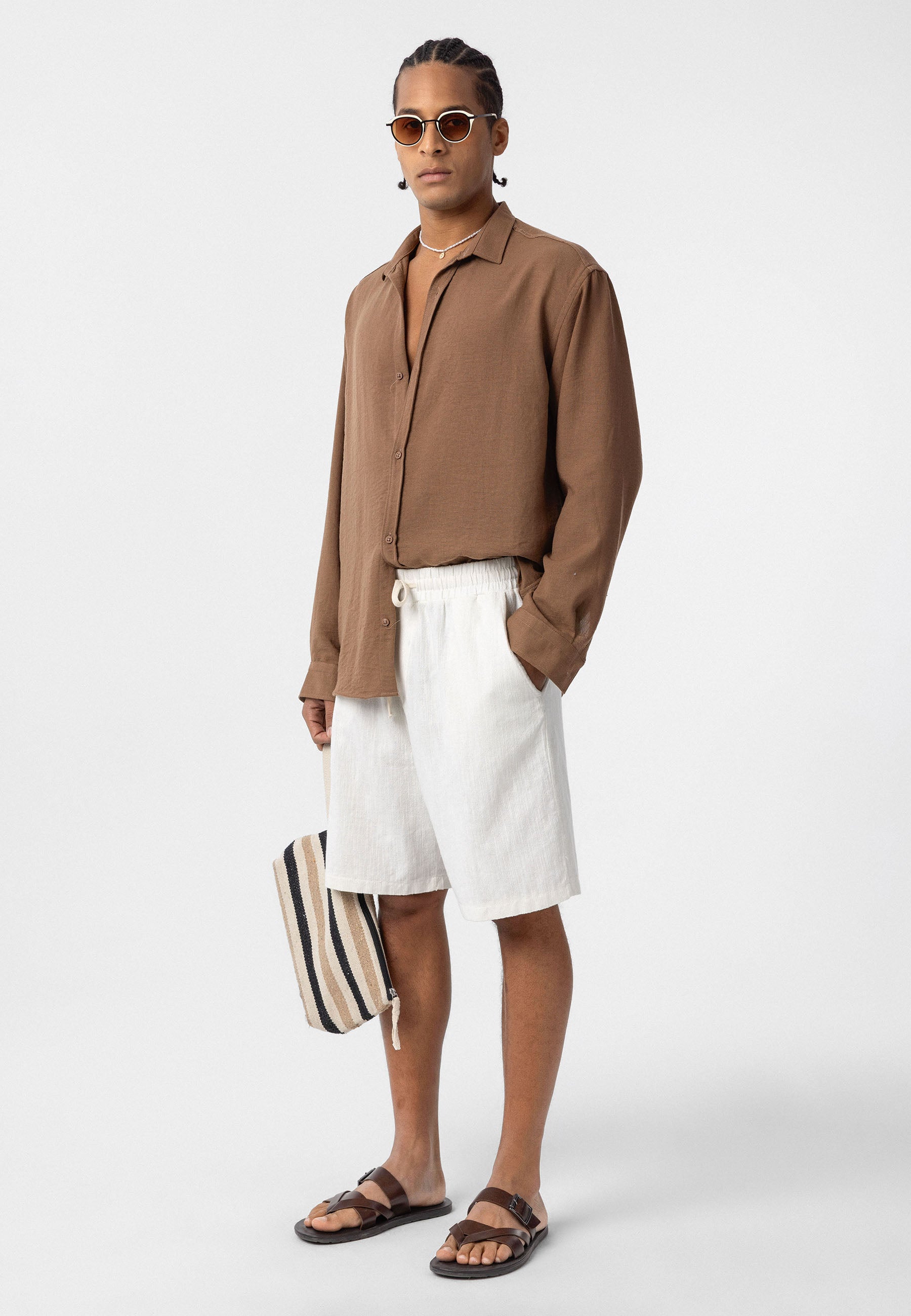 Soft Vizon Beige Striped Muslin Linen Oversize Shirt – Relaxed Natural Comfort