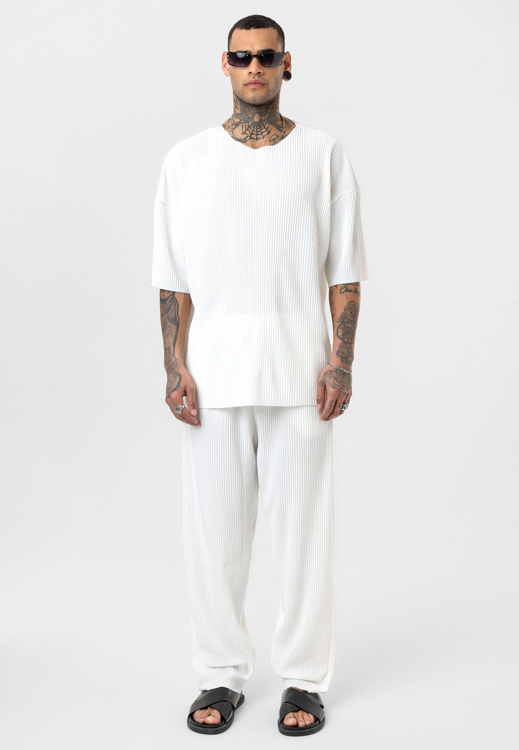 White Men’s Oversized Ribbed T-Shirt Textured Streetwear Fit