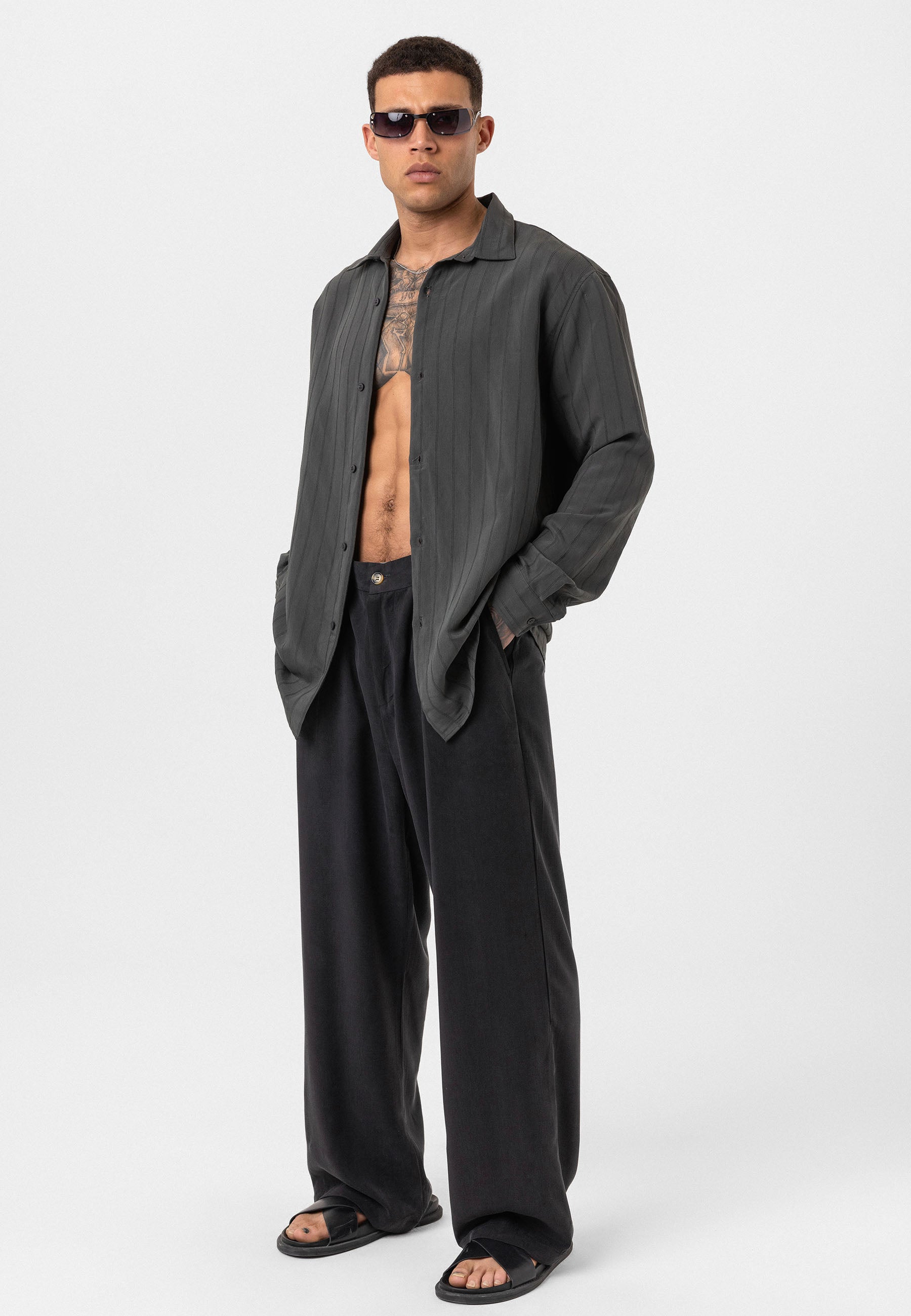 Anthracite Grey Striped Long Sleeve Oversize Shirt – Modern Relaxed Fit