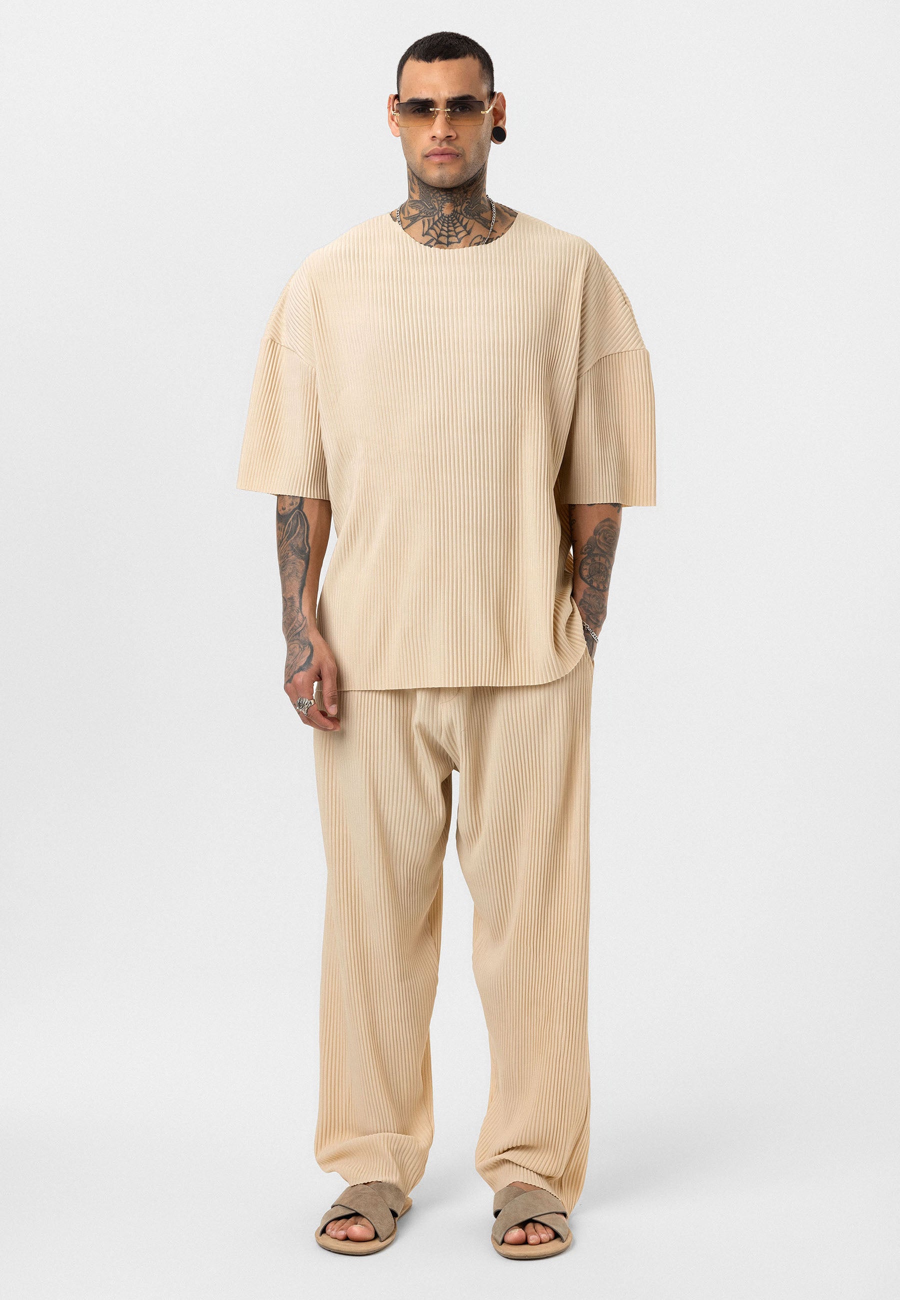 Beige Ribbed Oversized T-Shirt Trendy Casual Look