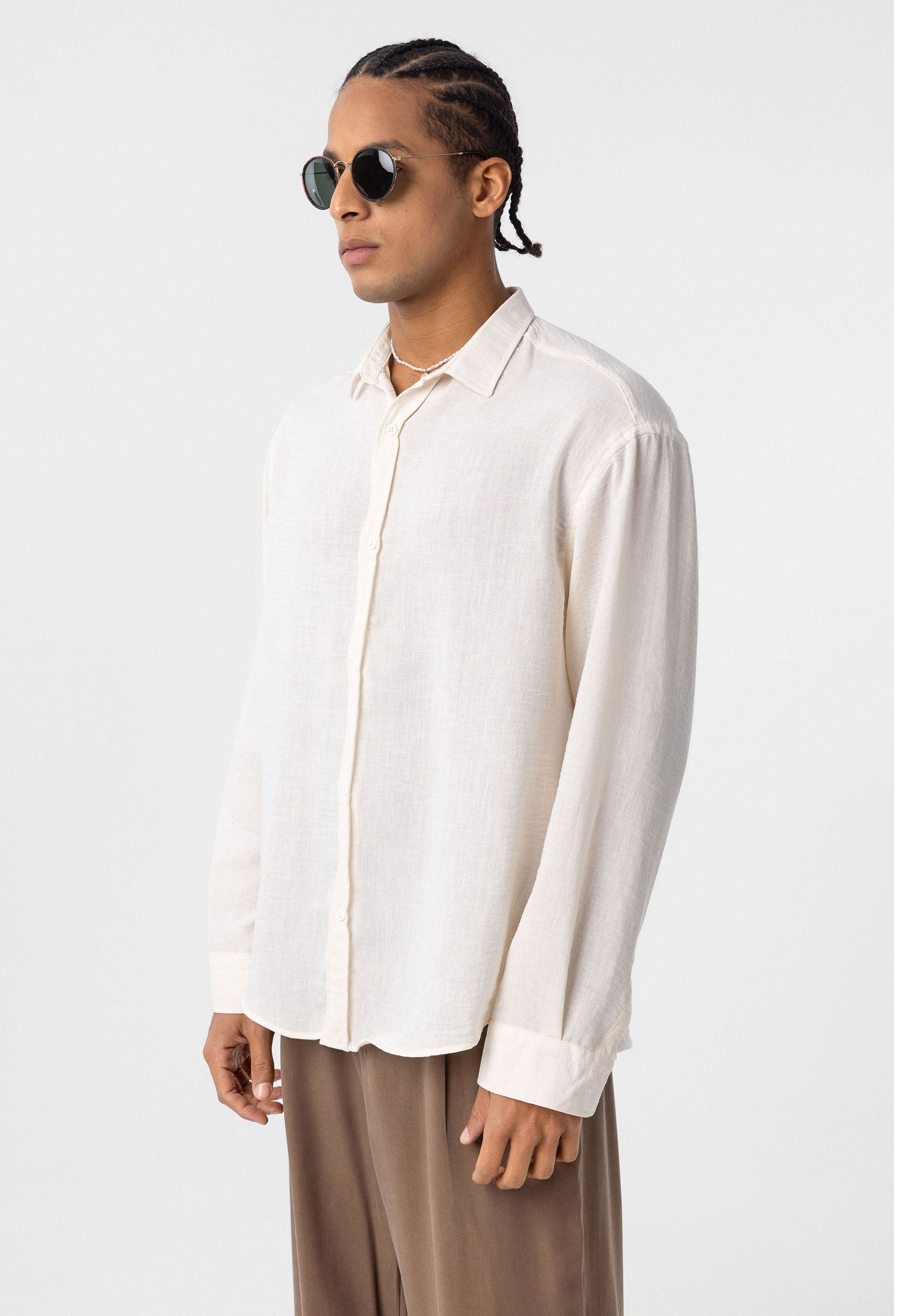 Dark Beige white Comfort Fit Button‑Up Shirt — Relaxed Everyday Essential