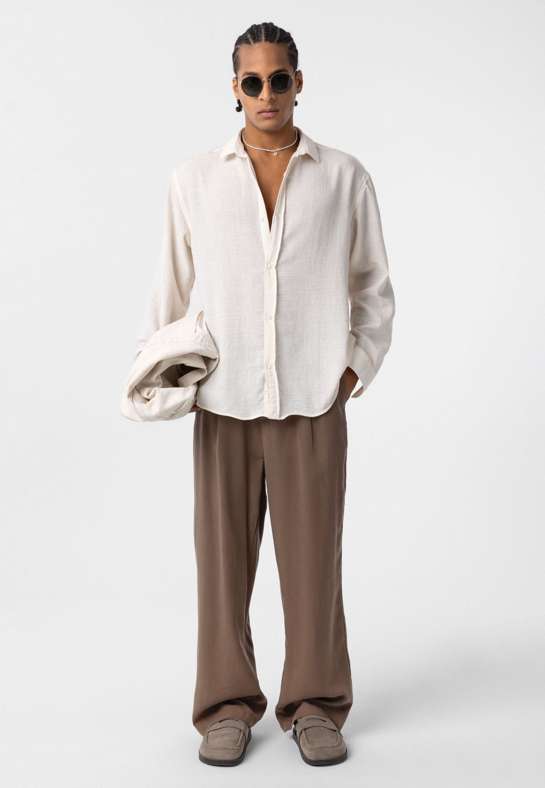 Dark Beige white Comfort Fit Button‑Up Shirt — Relaxed Everyday Essential