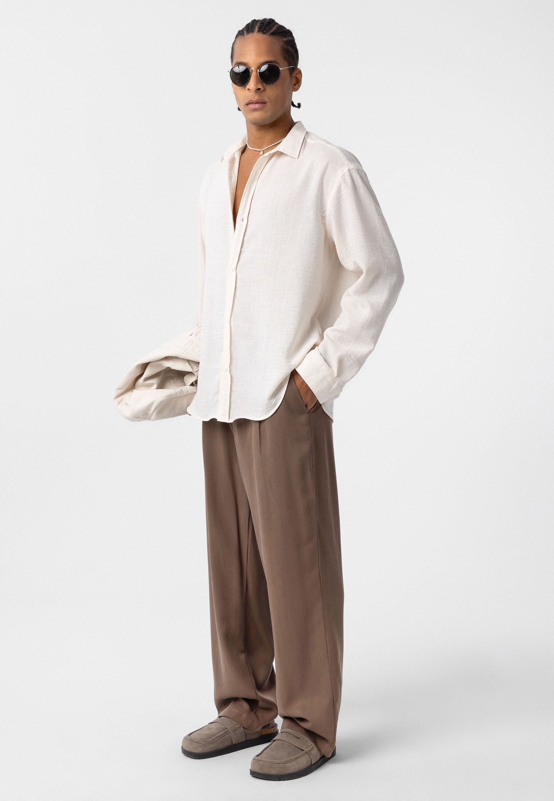 Dark Beige white Comfort Fit Button‑Up Shirt — Relaxed Everyday Essential