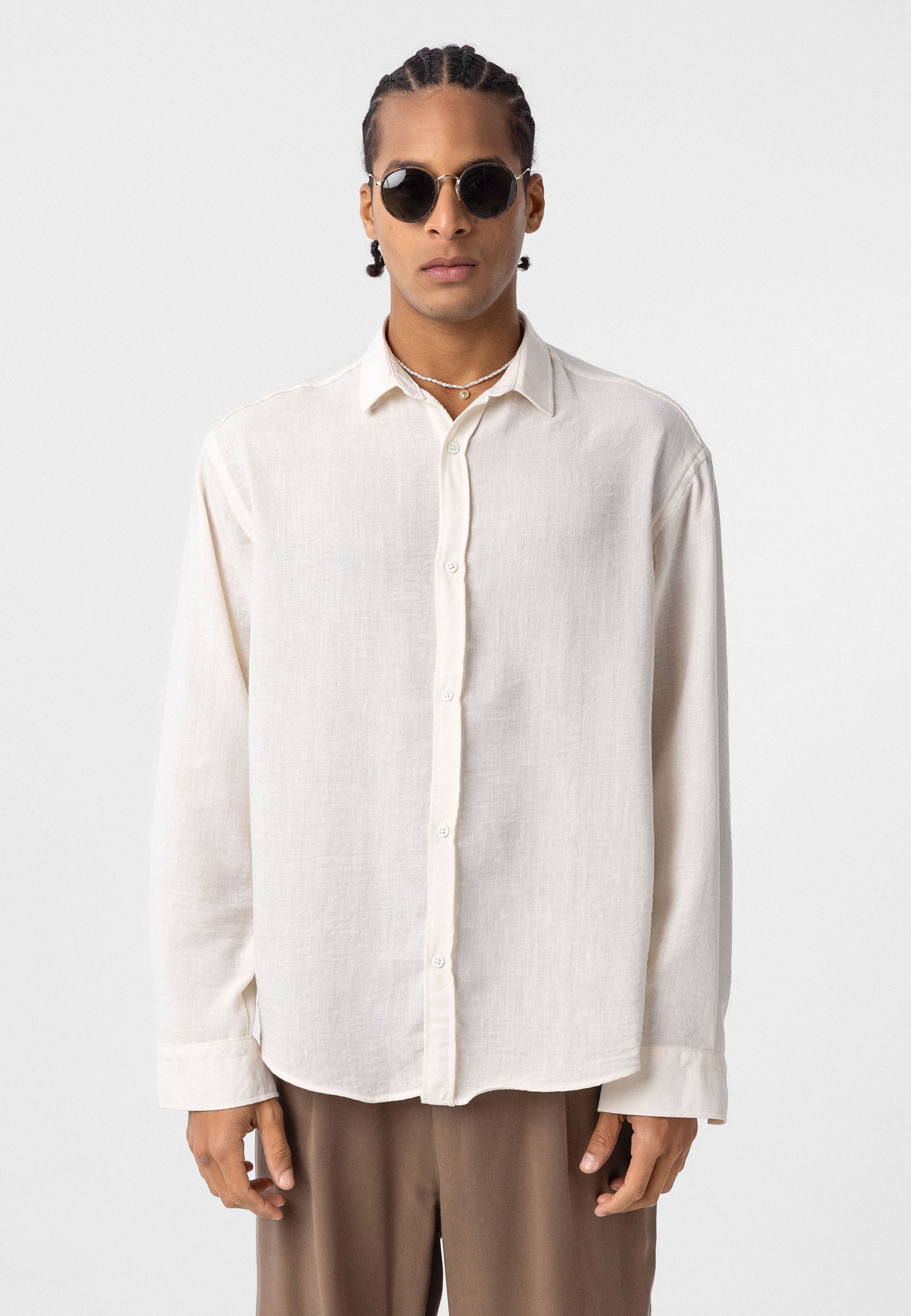 Dark Beige white Comfort Fit Button‑Up Shirt — Relaxed Everyday Essential