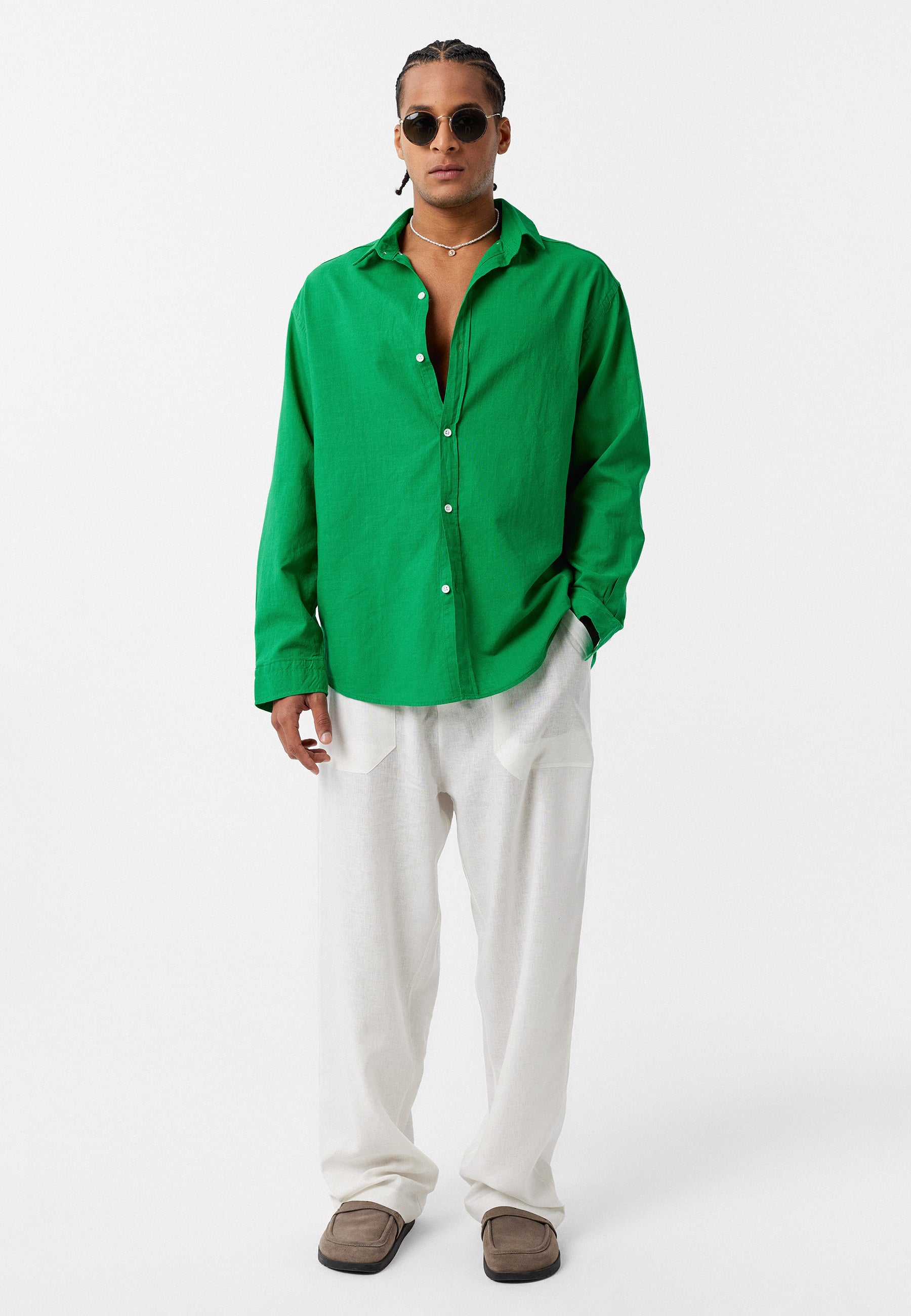 Olive Green Comfort Fit Button-Up Shirt – Soft Texture, Relaxed Vibe