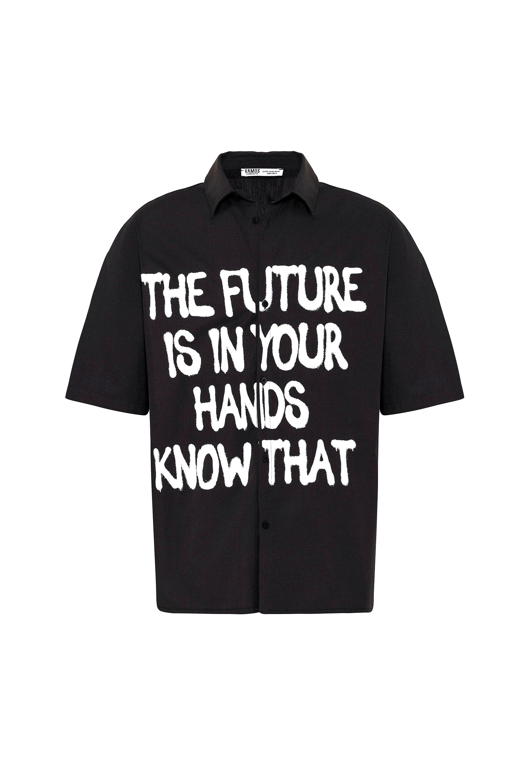 Rich Black Oversize Printed Short-Sleeve Shirt – Relaxed Streetwear