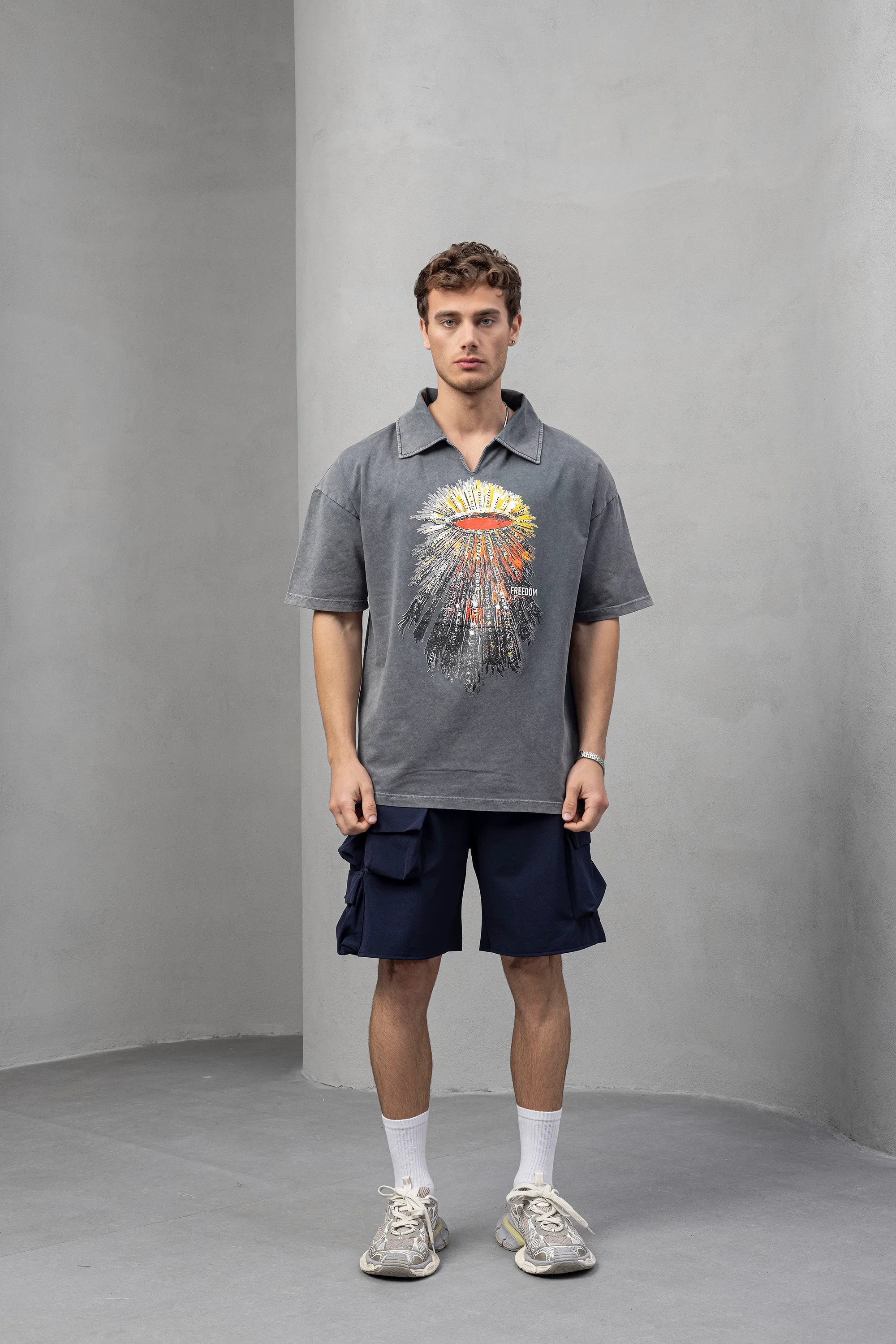 Graphic Grey Polo T-Shirt with Bold Design and Logo