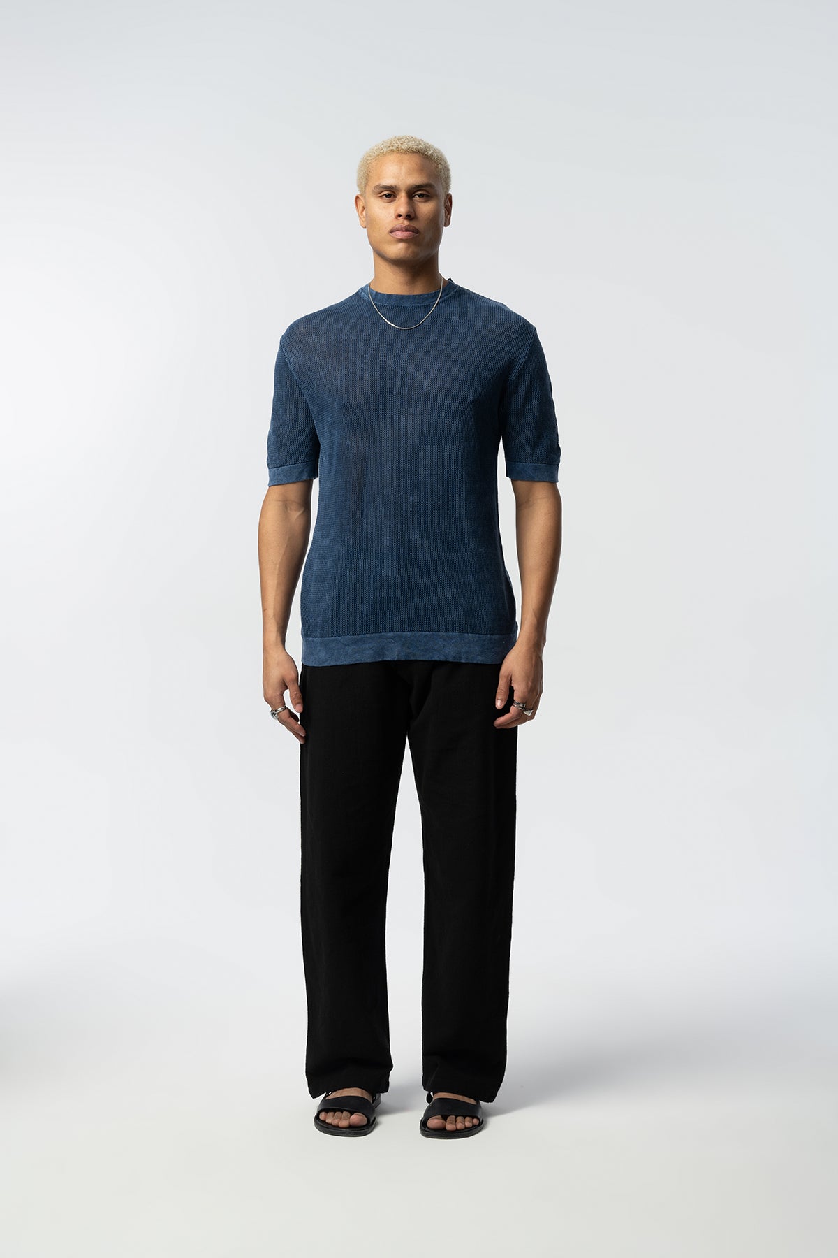 Textured Knit Short Tee – Blue, Grey, Beige & Black