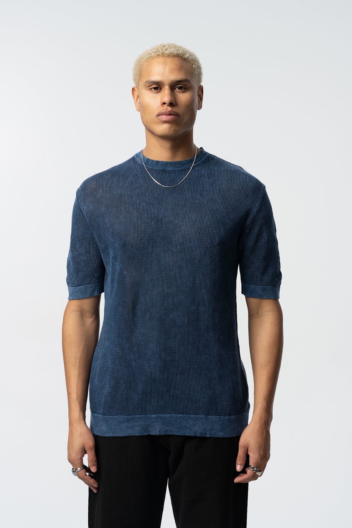 Textured Knit Short Tee – Blue, Grey, Beige & Black