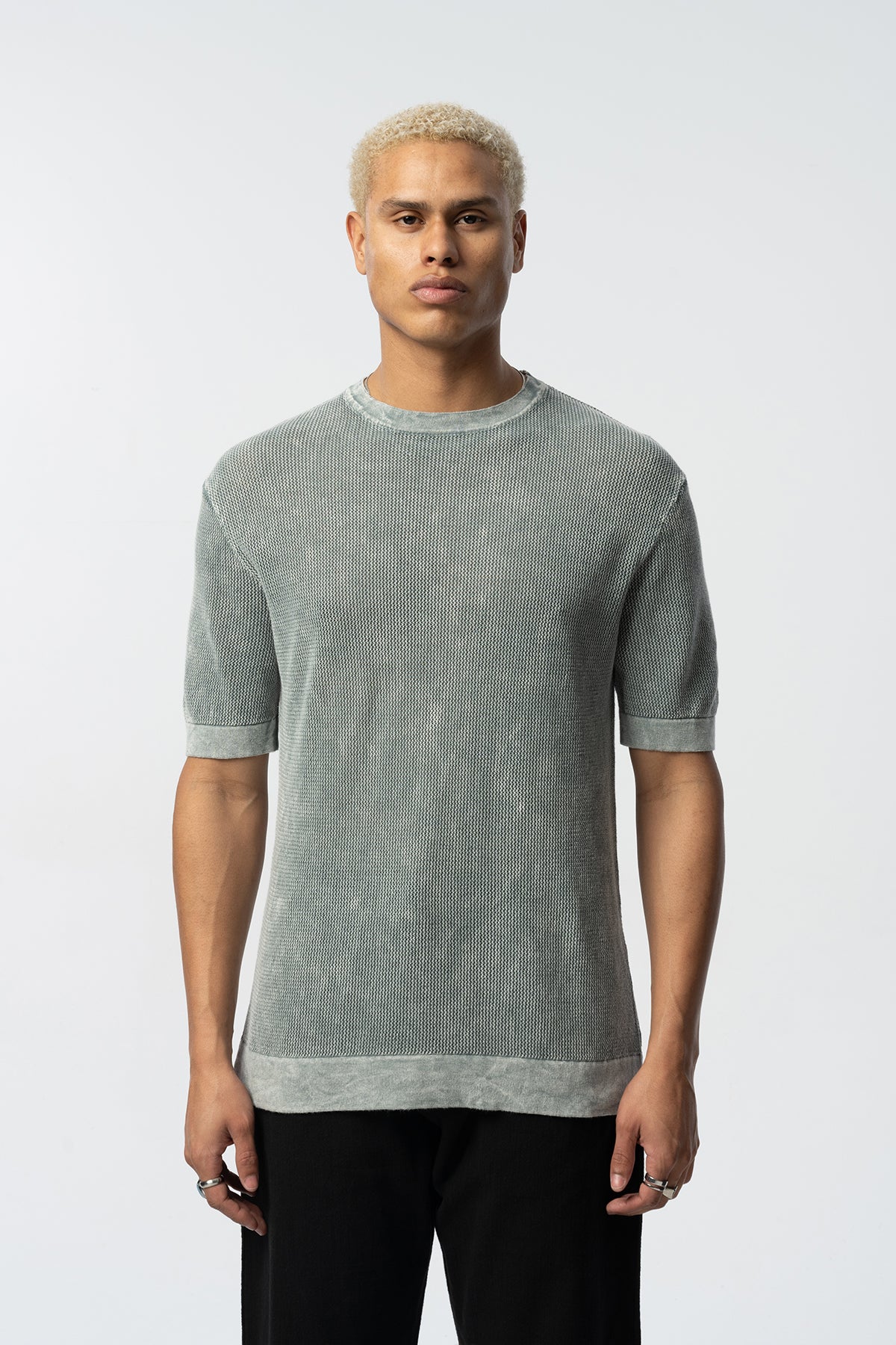 Textured Knit Short Tee – Blue, Grey, Beige & Black