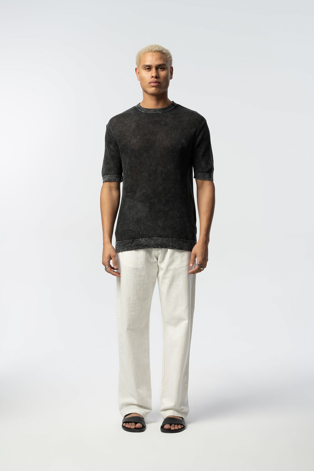 Textured Knit Short Tee – Blue, Grey, Beige & Black