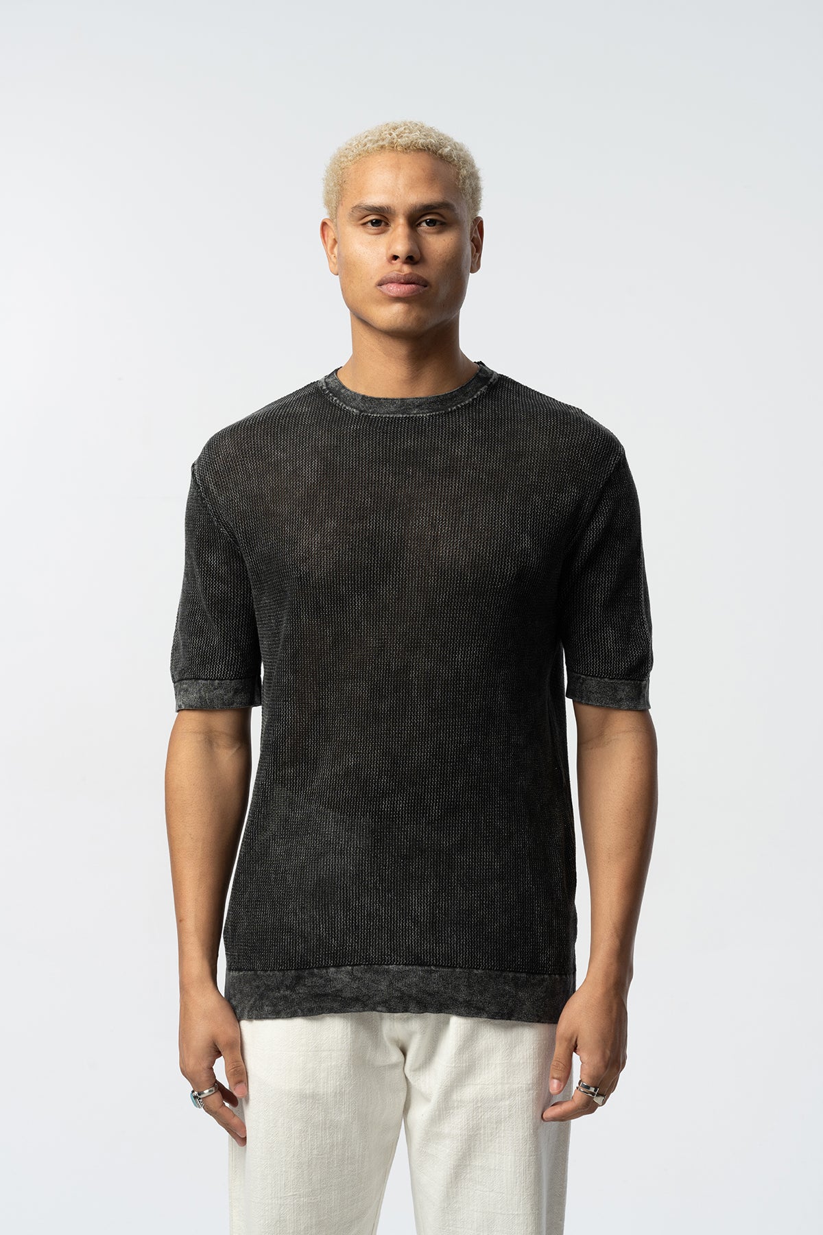 Textured Knit Short Tee – Blue, Grey, Beige & Black